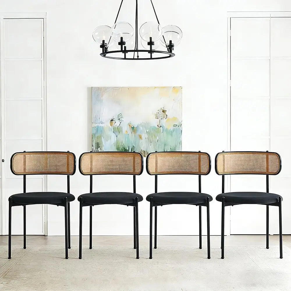 Mid-Century Modern Rattan Dining Chairs Set of 4 with Sherpa Upholstery & Metal Legs – Black