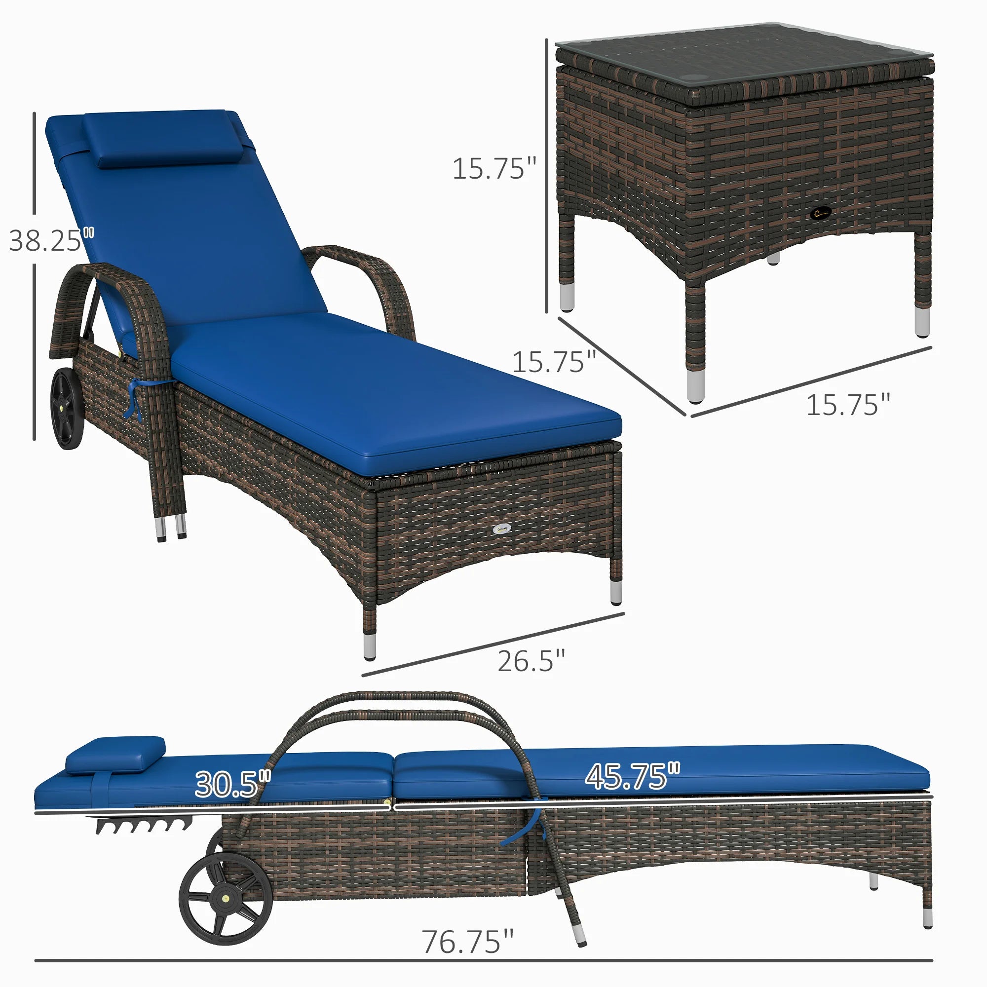 3Pc Outdoor Set, 2 Reclining Chairs, Cushions, Wheels, Side Table, Pe Wicker