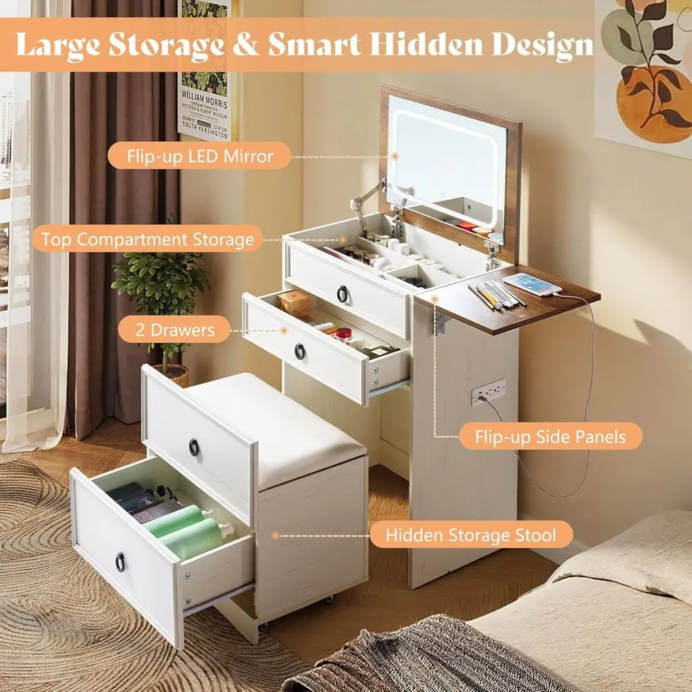 Compact 3-in-1 Makeup Vanity Desk with Mirror, Lights & Hidden Chair – White & Barnwood Finish