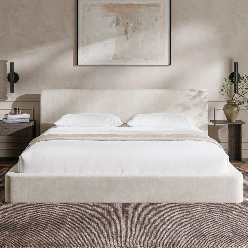 Airframe King Size Bed Frame with Ergonomic Angled Foam Cushioned Headboard, Minimalist Design Platform Bed Frame, No Box Sprin