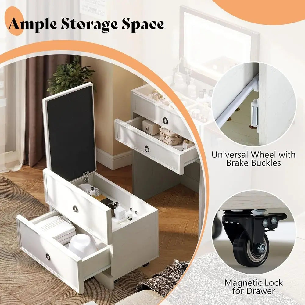 Compact 3-in-1 Makeup Vanity Desk with Mirror, Lights & Hidden Chair – White & Barnwood Finish