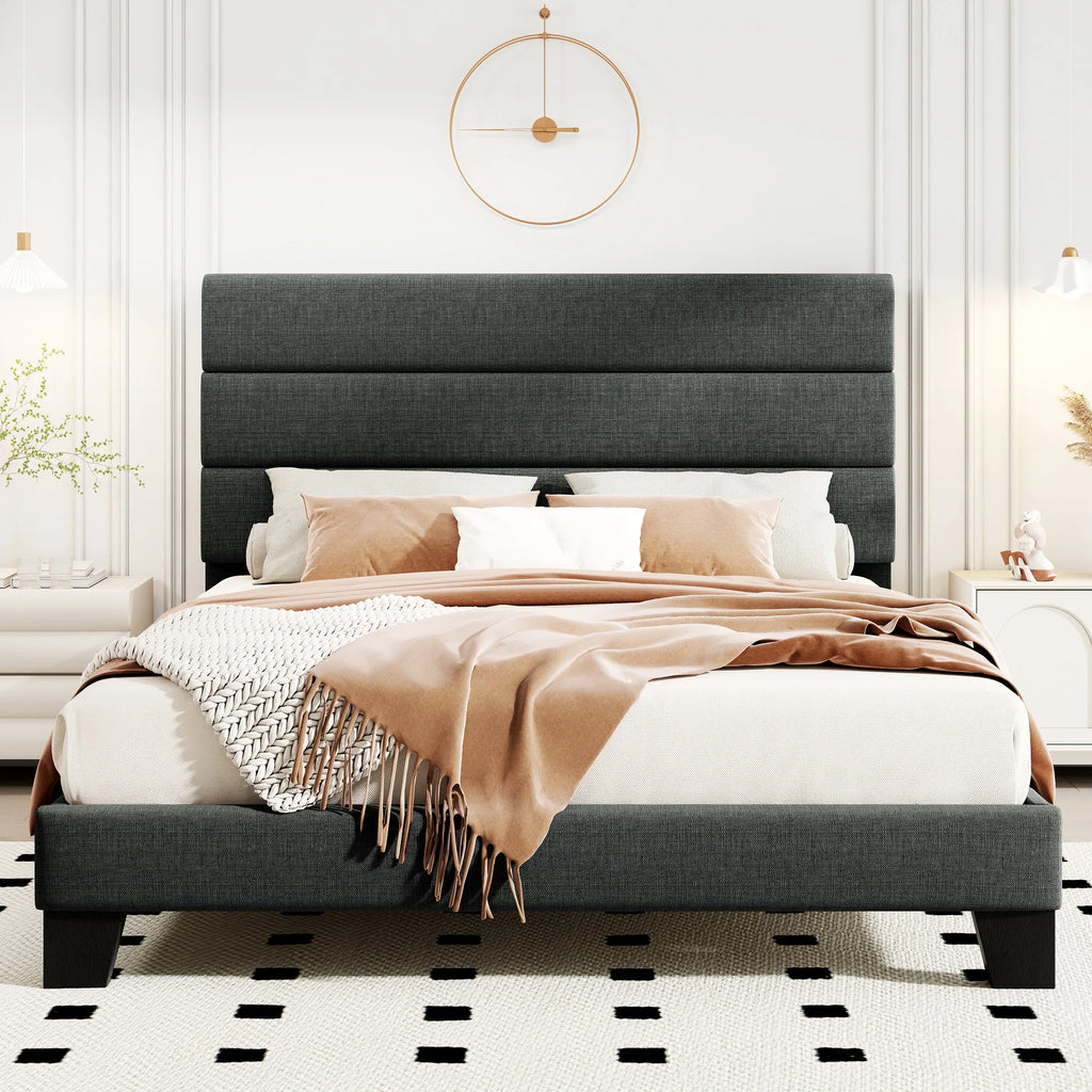 Bed Frame with Headboard, Fabric Platform Bed, Strong Wood Slats Support Panel Bed Mattress Foundation Allewie