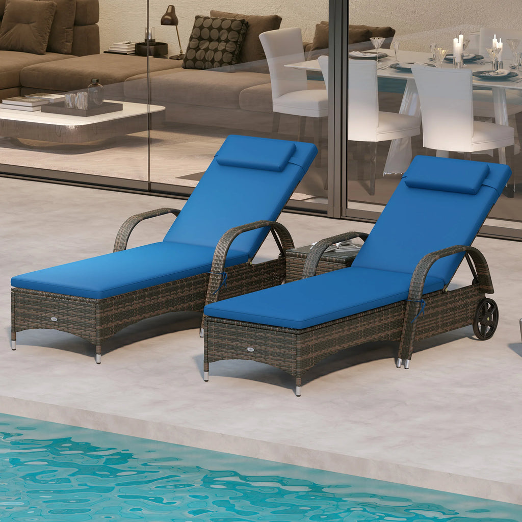 3Pc Outdoor Set, 2 Reclining Chairs, Cushions, Wheels, Side Table, Pe Wicker