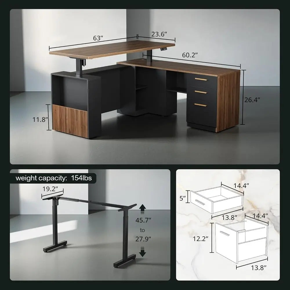 63" L-Shaped Electric Standing Desk with Cabinet, Drawers & Power Outlets – Black Walnut