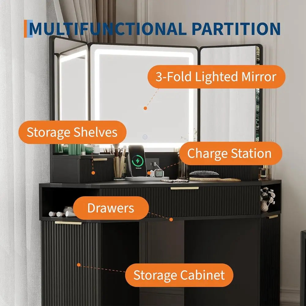 Makeup Vanity Desk with Mirror, Lights & Charging Station – Modern Black Dressing Table with Storage Cabinet