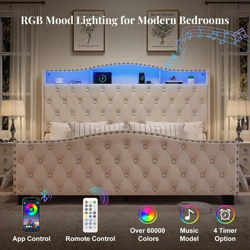 Belffin King Size Velvet Wingback Bed Frame with LED Lights & Charging Station