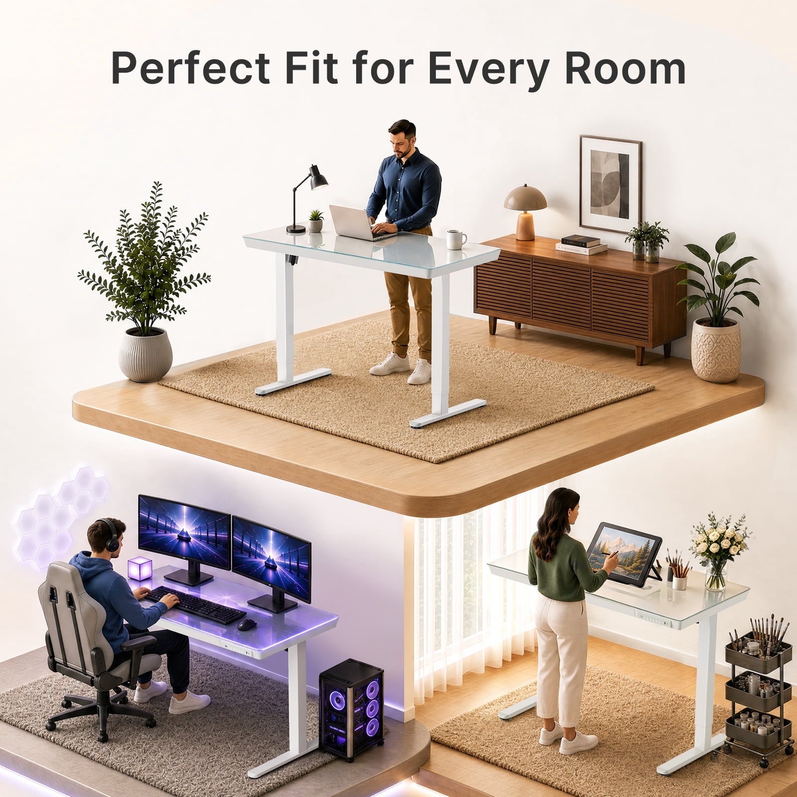 Glass Top Electric Standing Desk with Drawer, 48'' X 24'' Electric Height Adjustable Desk with USB Charging Ports, Sit Stand up for Home Office