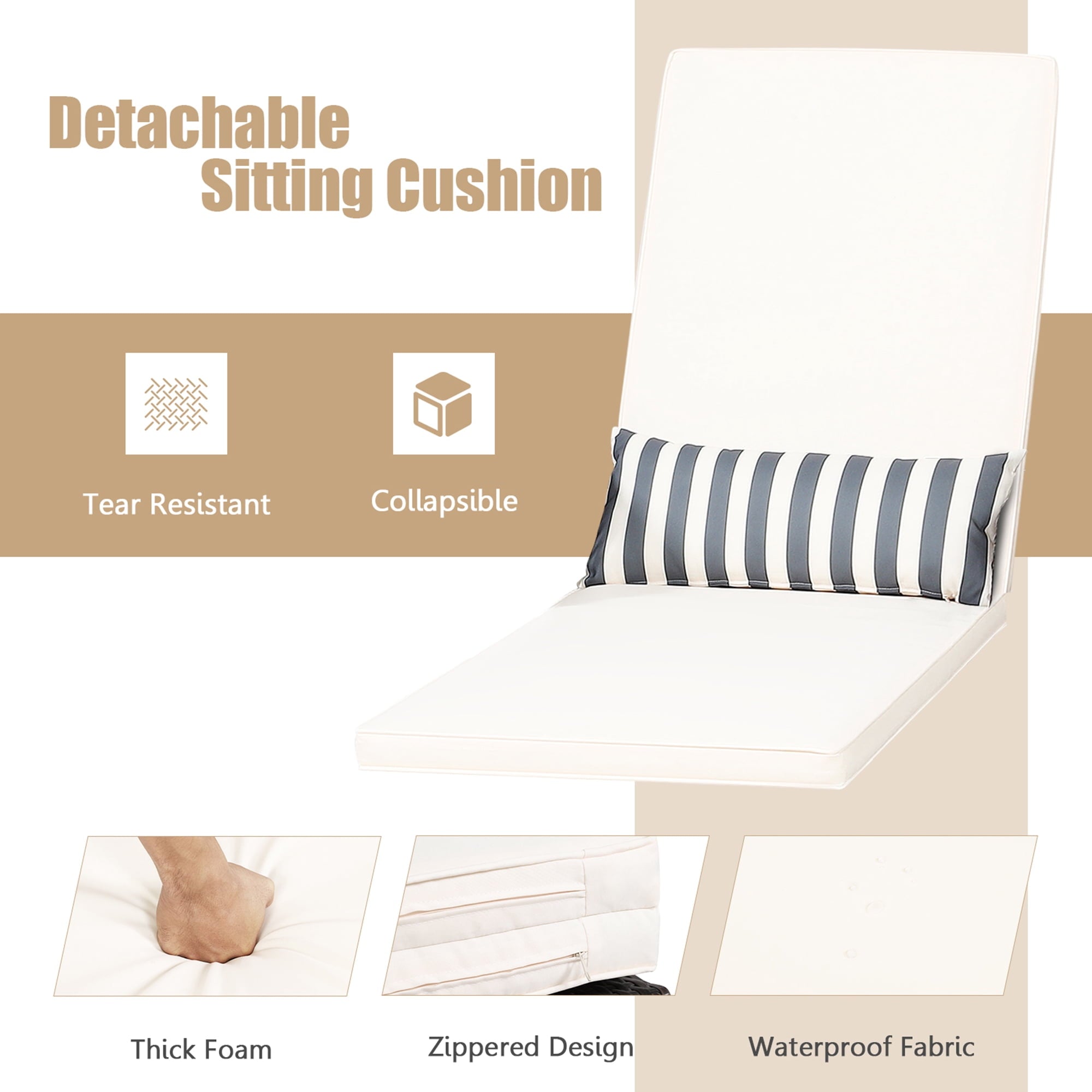 Rattan Patio Lounge Chair Chaise W/ Adjustable Backrest Cushion & Pillow