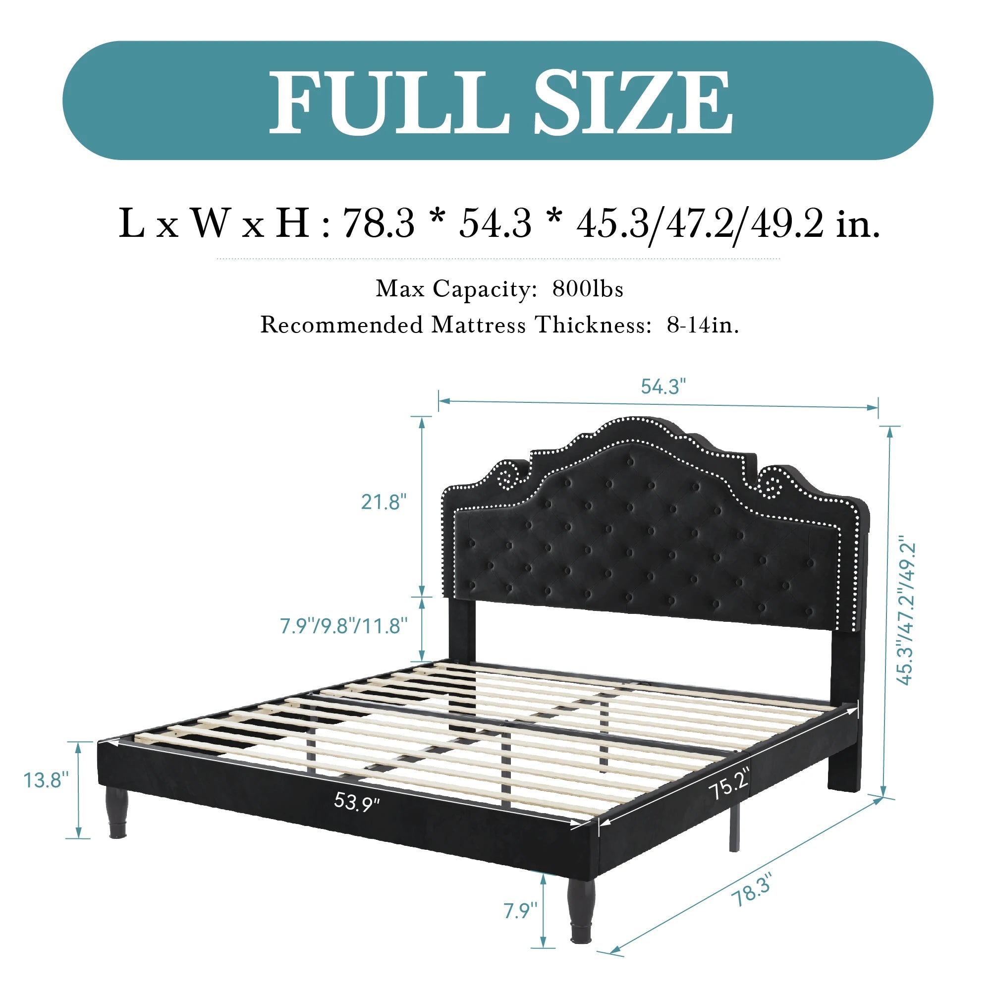 Bed Frame with Adjustable Velvet Tiara Headboard, Upholstered Diamond Button Tufted Platform Bed, Wood Slats Support,