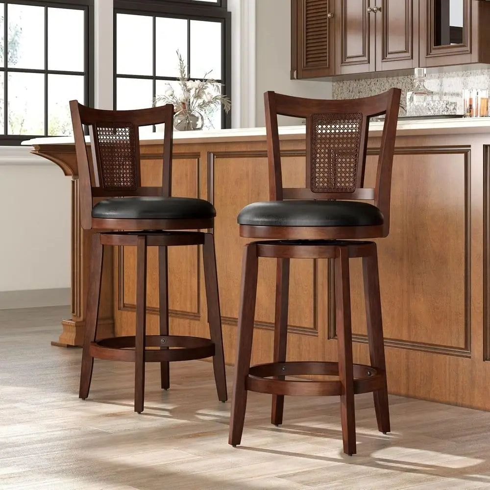 Set of 2, 26 High-Back Leatherette Counter Stools with Solid Wood Legs, Brown Kitchen Barstools