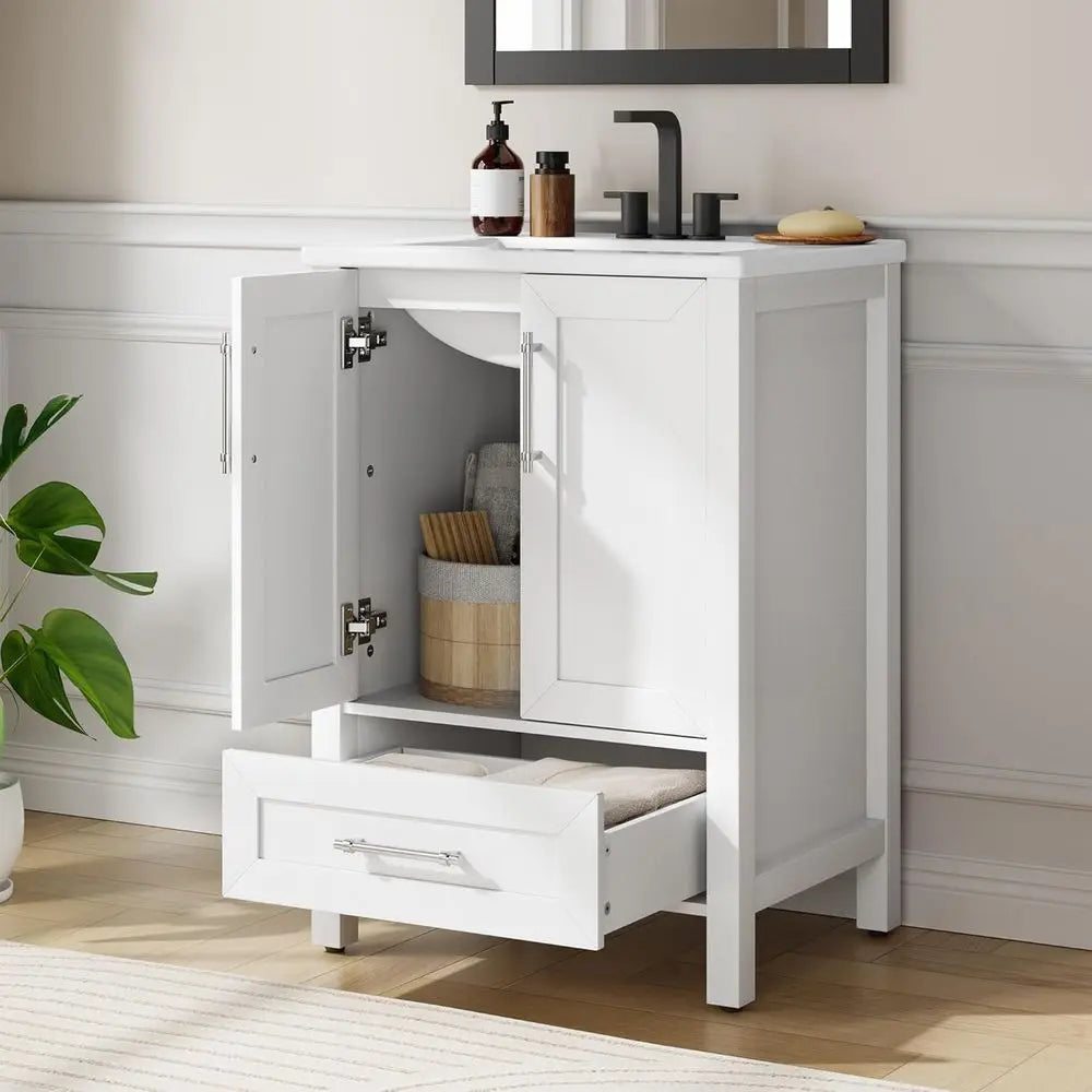 24-Inch White Freestanding Bathroom Vanity with Sink – Modern Storage Cabinet with Soft-Close Doors & Easy Assembly