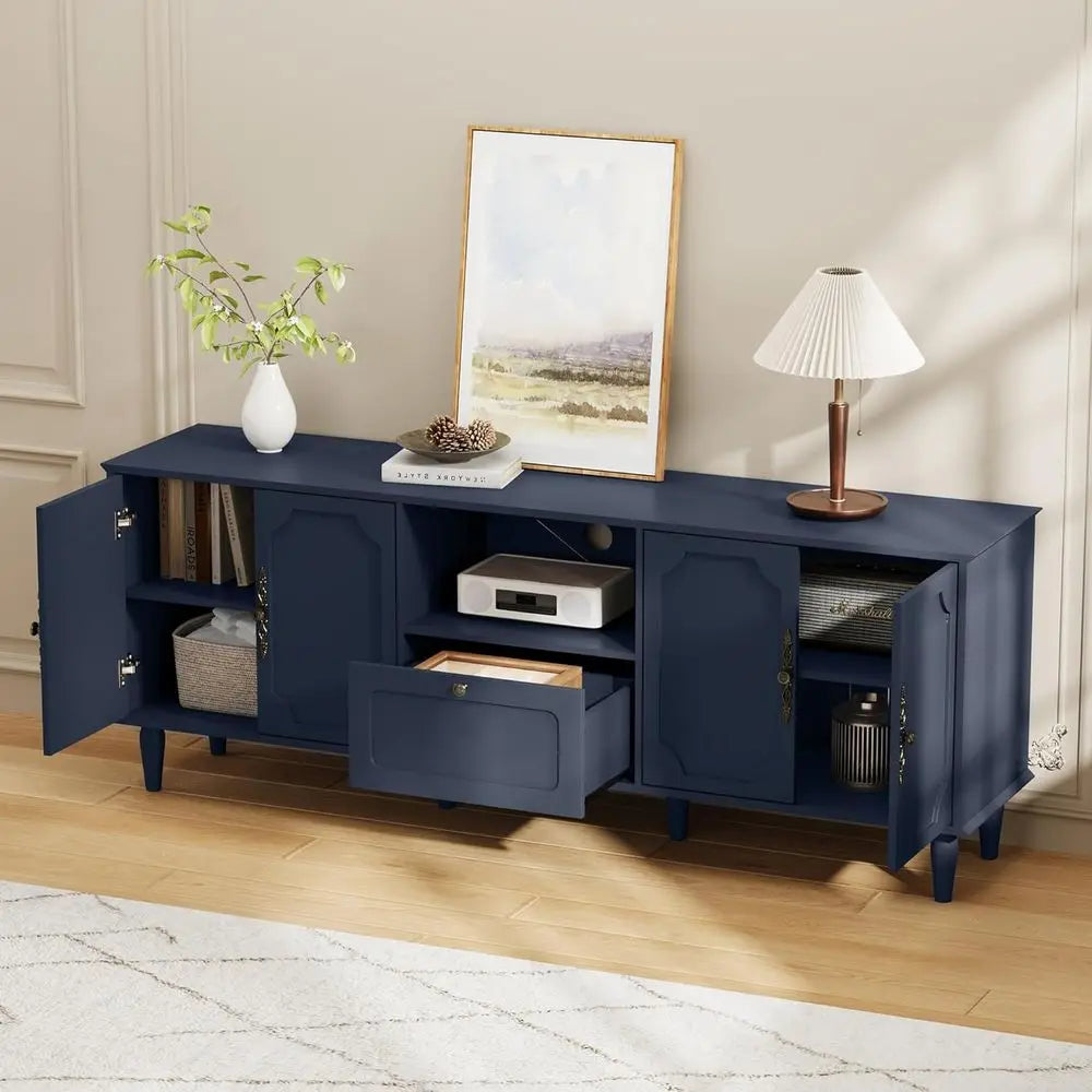 67" Vintage TV Stand for 75–80 Inch TVs, Blue Wooden Entertainment Center with Storage & Adjustable Shelves