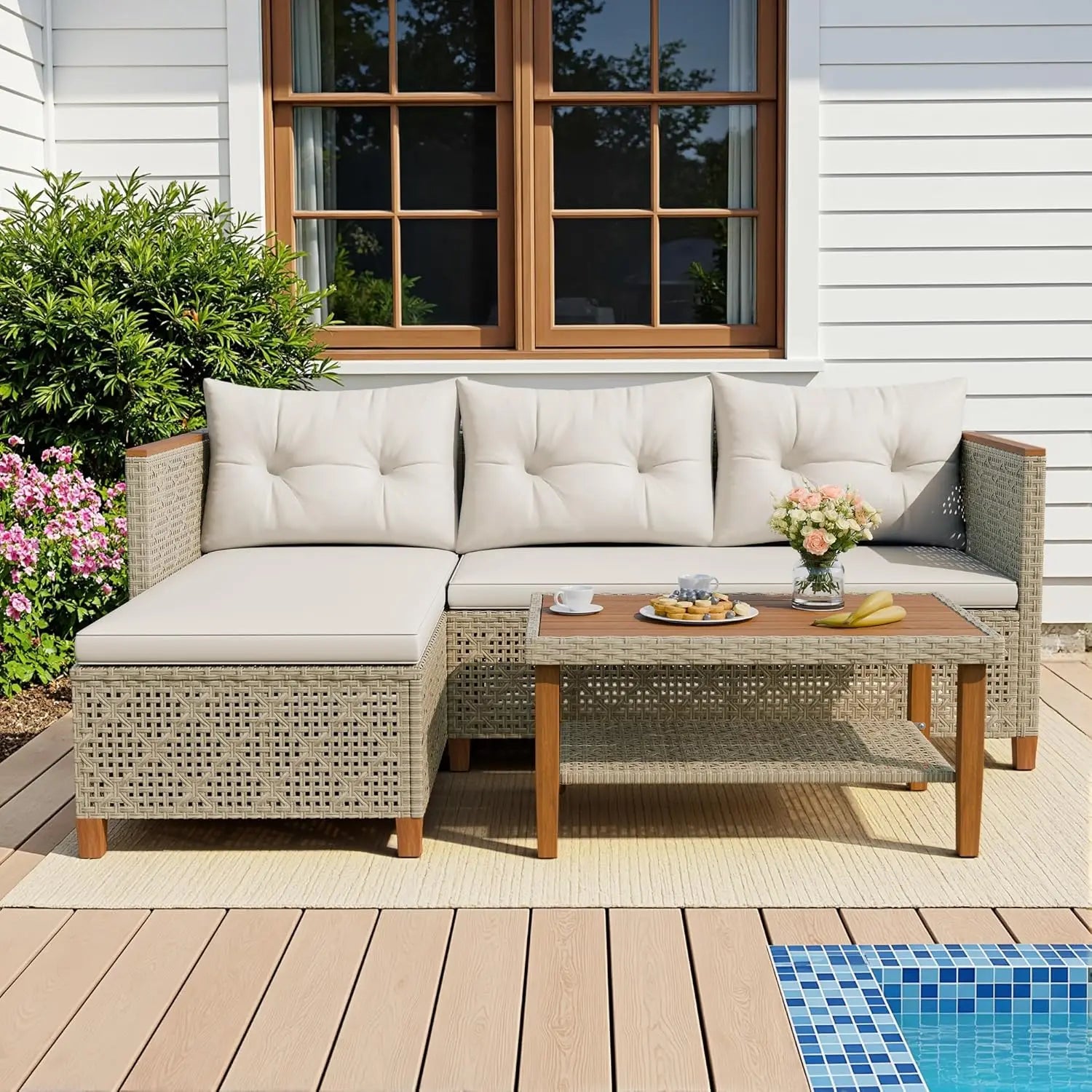 Patio Furniture Set 3 Piece Outdoor Sectional Sofa Hollow Rattan Patio Seating Sofa with Coffee Table & Ottoman For, Customized
