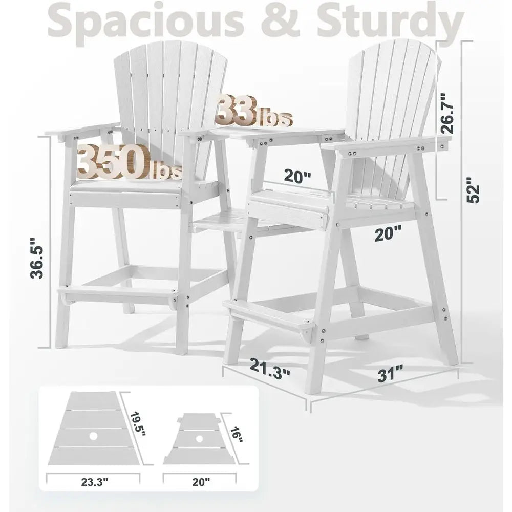 Set of 2 White Bar Height Outdoor Patio Chairs with Double Tray, Weather-Resistant for Balcony or Garden