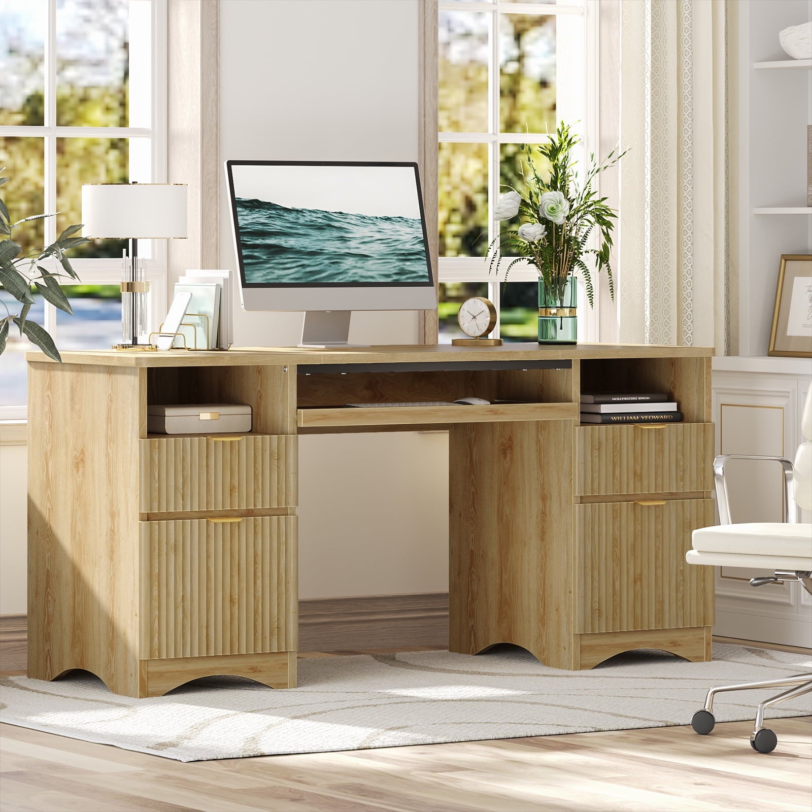 59" Home Office Computer Desk with Keyboard Tray and Storage Drawers, Modern Executive Desk for Writing Reading, Oak