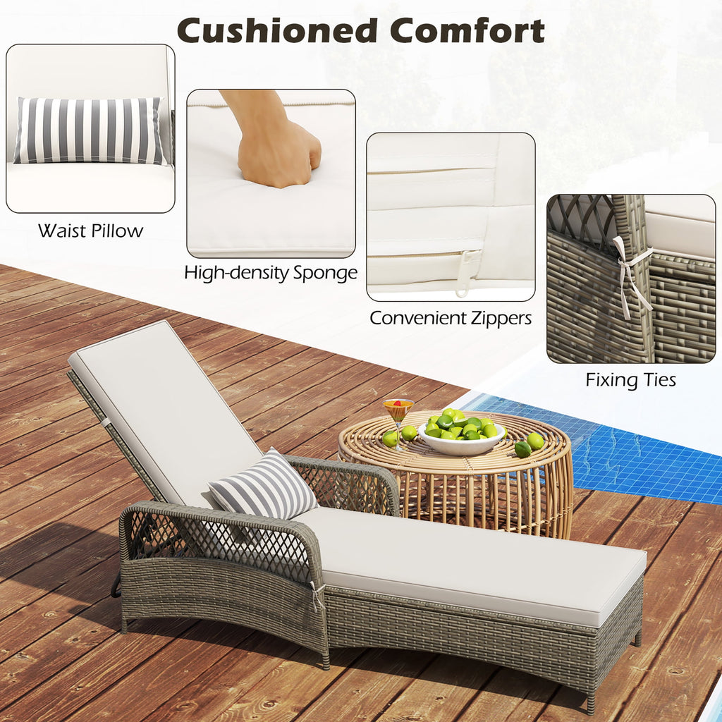 PE Wicker Chaise Lounge Chair 6-Position Adjustable Patio Recliner W/ Soft Cushions