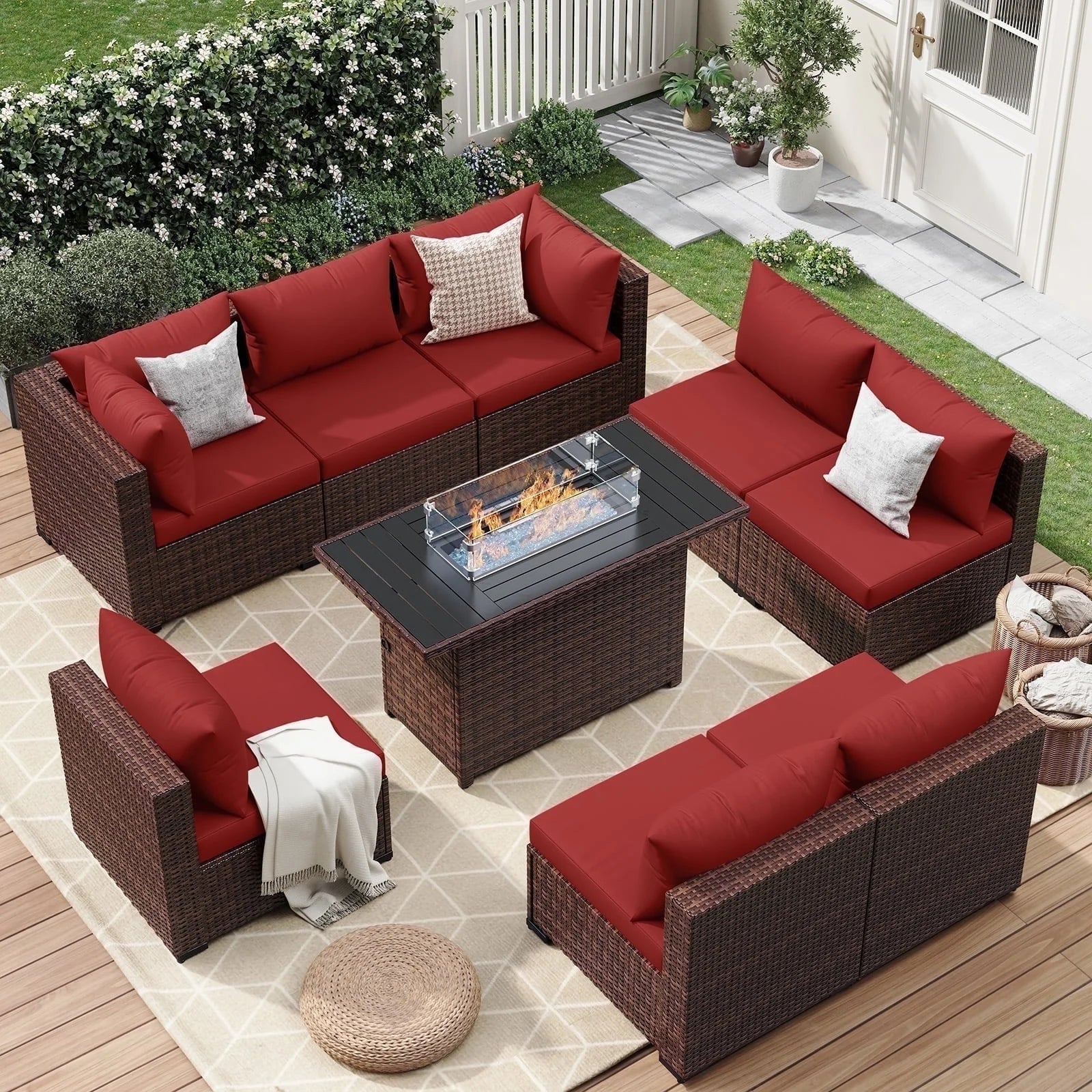 7 Pieces Patio Furniture Set All Weather Outdoor Sectional Sofa, Outdoor Modern Sectional Furniture Wicker Couch with Glass Coffee Table, Thicken Navy Blue Cushions, Water Resistant