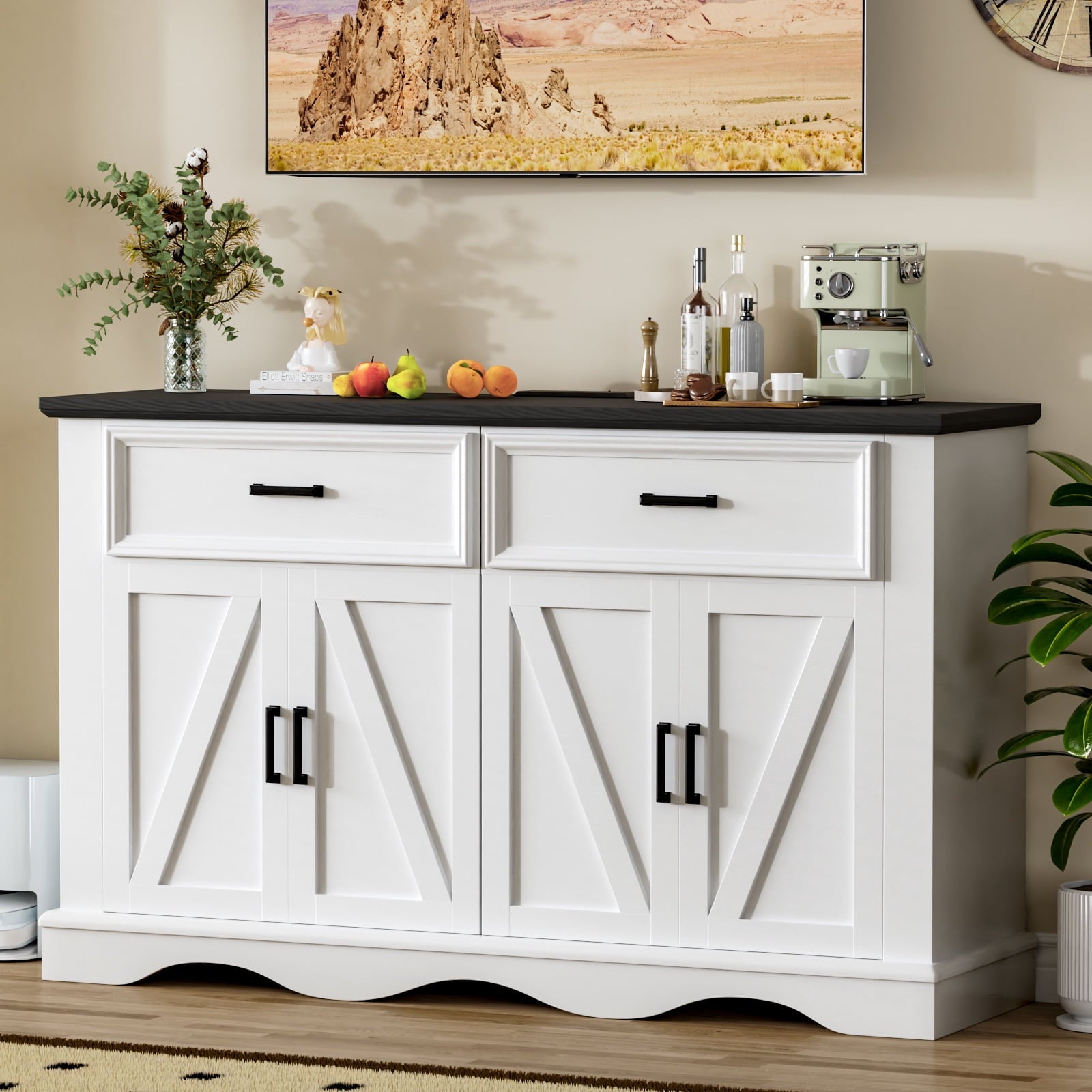 Buffet Cabinet with Drawers, 56" Large Sideboard Buffet Storage Cabinet with Shelves and Doors, Wave Base Design, Multi-Purpose Buffet Table with Charging Station for Living Room,Dining Room,White