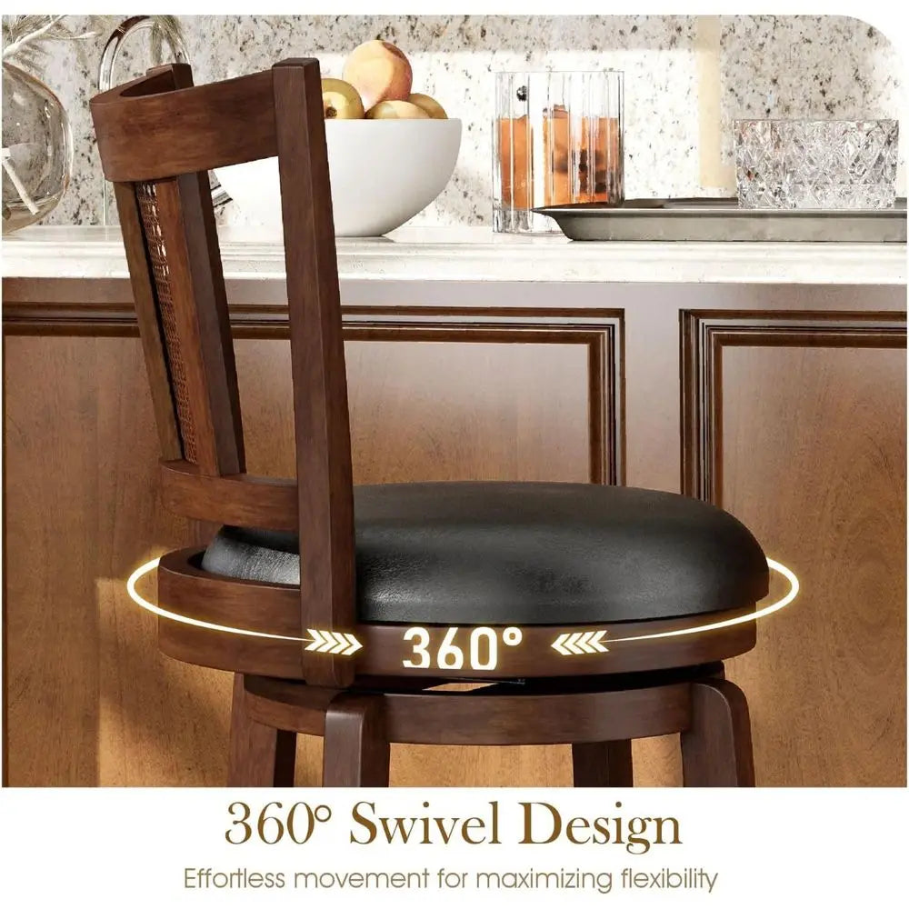Set of 2, 26 High-Back Leatherette Counter Stools with Solid Wood Legs, Brown Kitchen Barstools