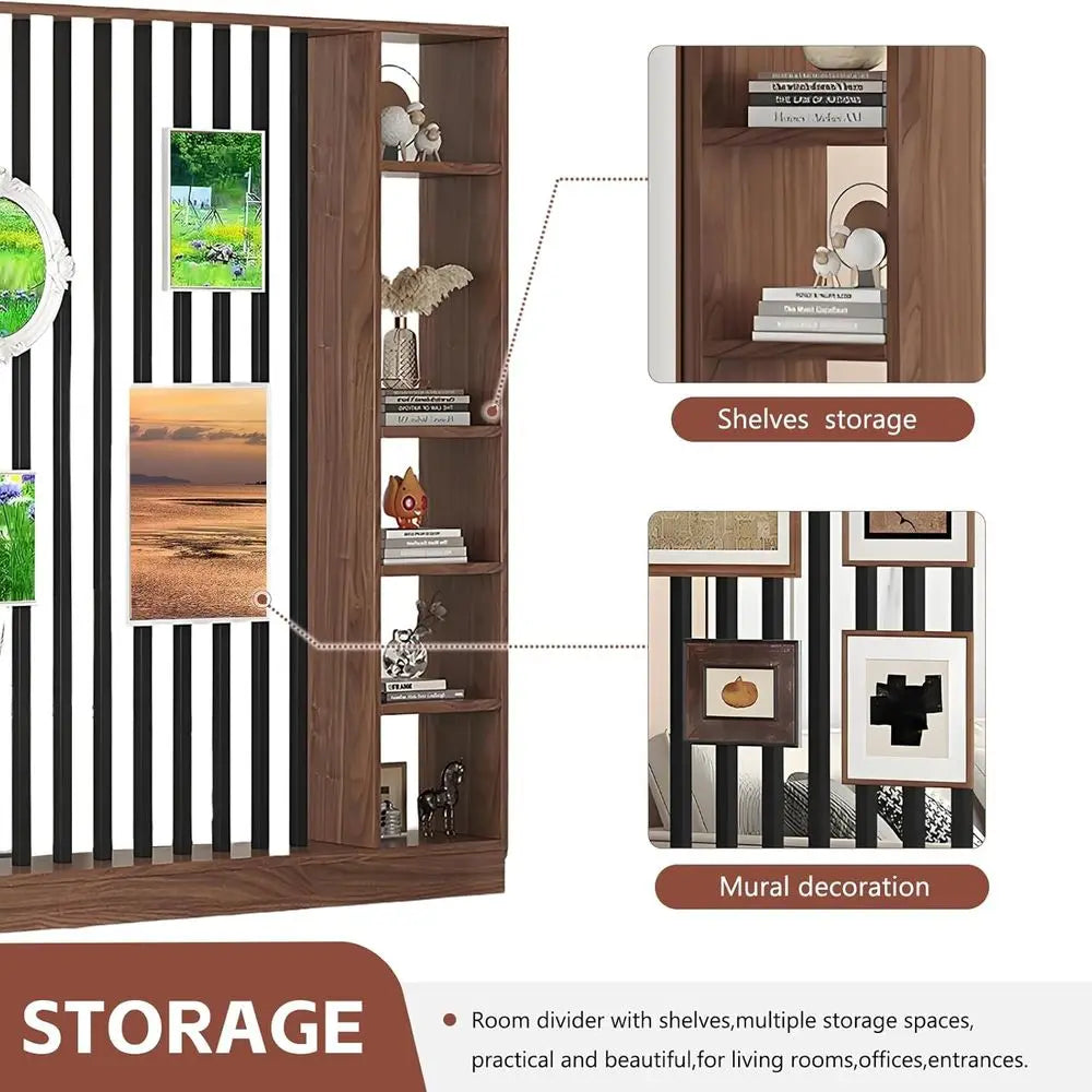 Freestanding Room Divider with Storage Shelves – White & Black Bookshelf Partition
