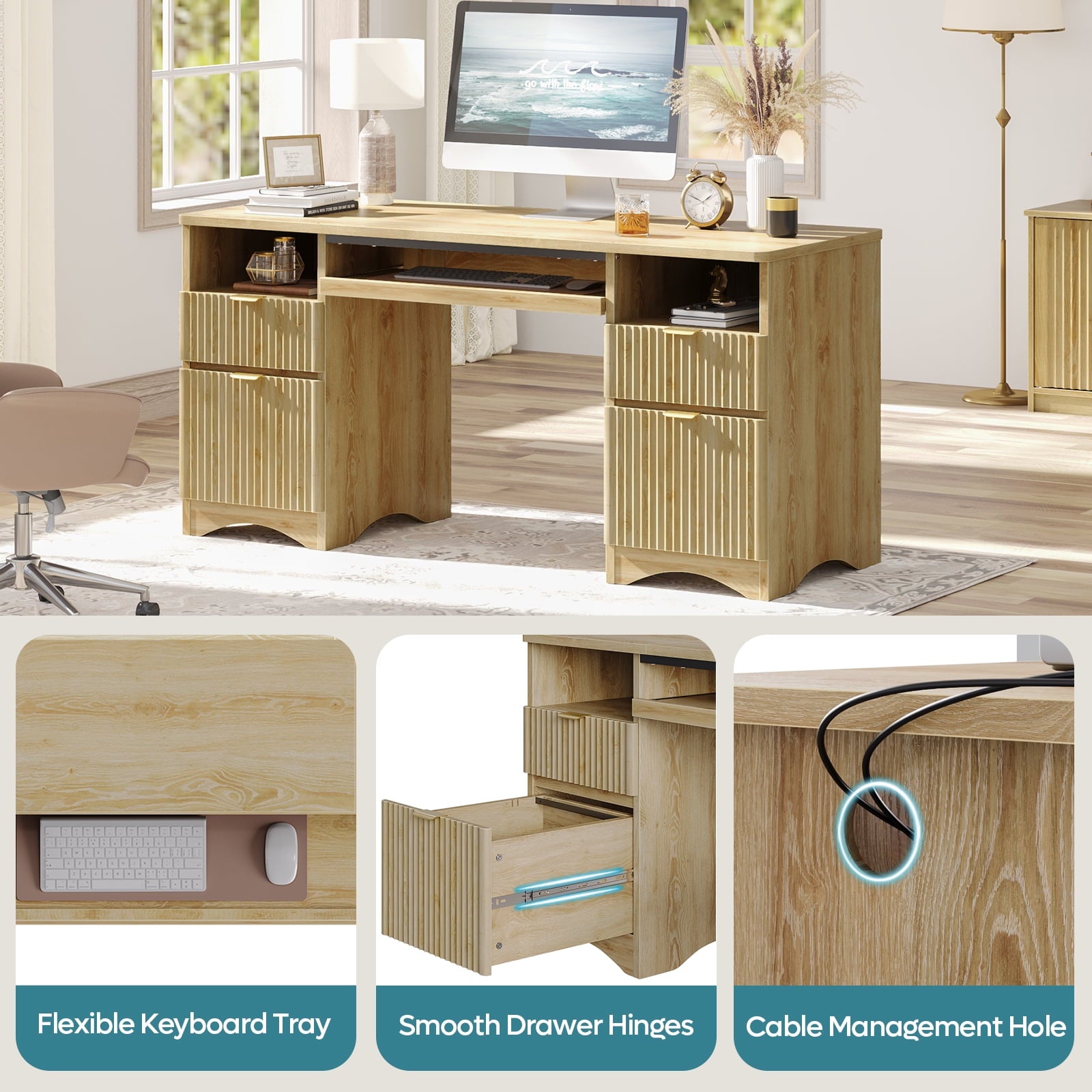 59" Home Office Computer Desk with Keyboard Tray and Storage Drawers, Modern Executive Desk for Writing Reading, Oak