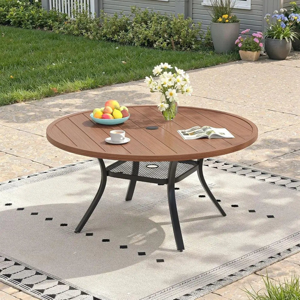 Round 6-Seater Outdoor Metal Patio Dining Table with Umbrella Hole, Walnut Finish