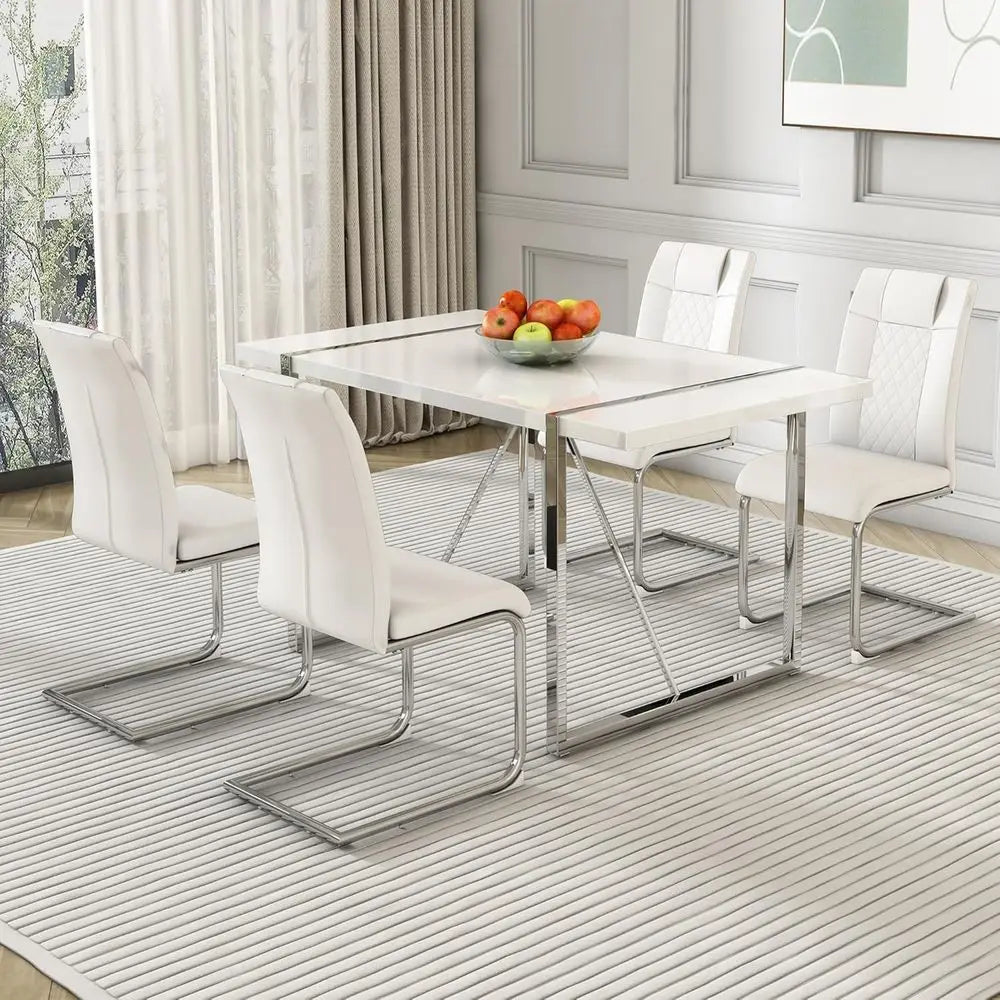 White 5-Piece Dining Table Set with PU Leather Chairs for Kitchen & Dining Room