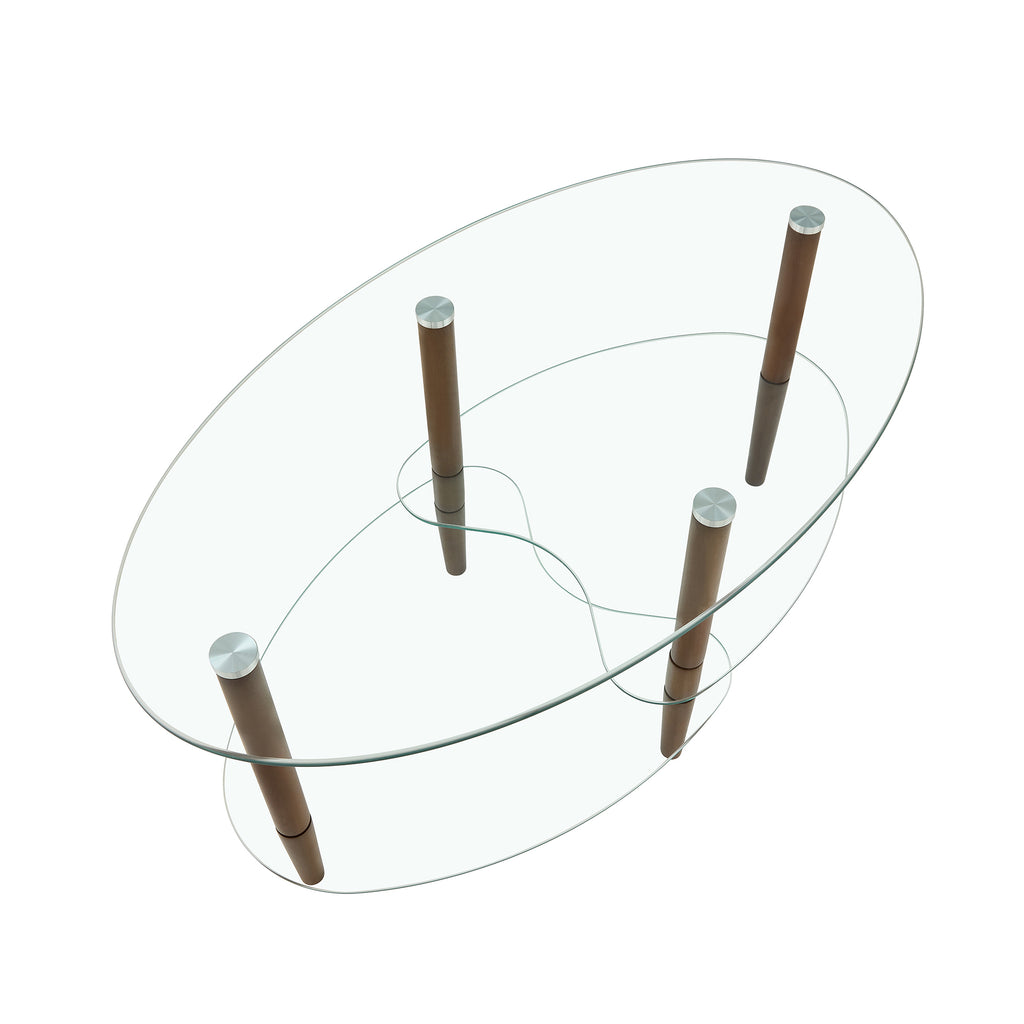 Transparent Oval Glass Coffee Table, Modern Living Room Table, Oak Leg Coffee Table, Three-Layer Glass Table