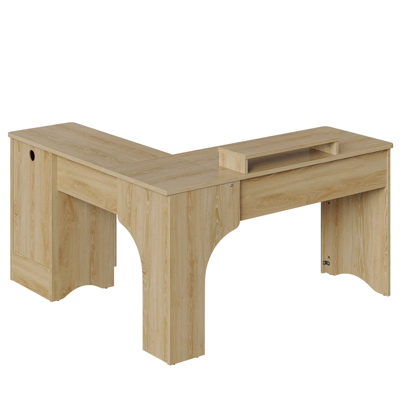 L Shaped Desk with Drawers, 55.7" X 55" Office Computer Desk with round Corners, Monitor Stand & Fluted Panels, Natural Oak