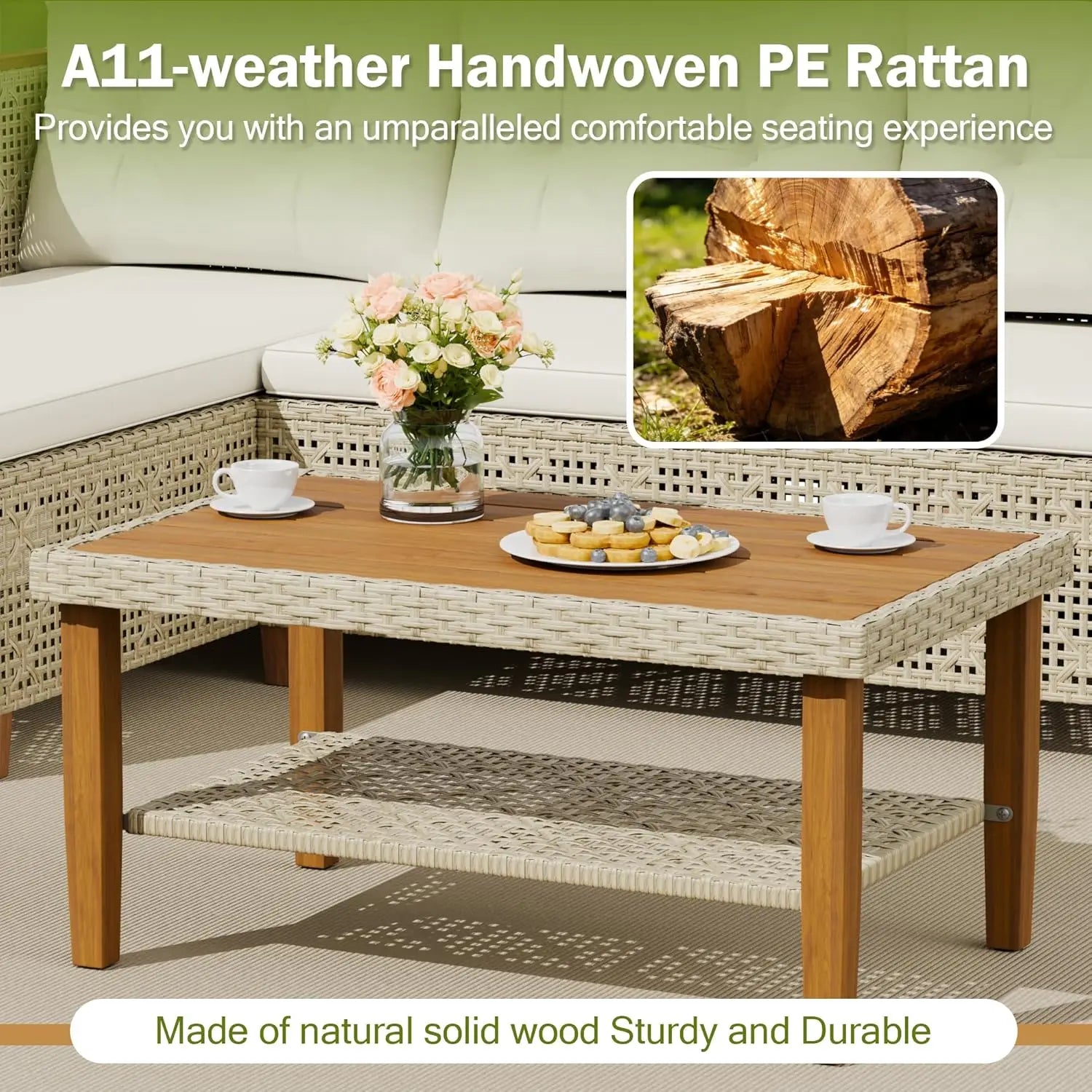 Patio Furniture Set 3 Piece Outdoor Sectional Sofa Hollow Rattan Patio Seating Sofa with Coffee Table & Ottoman For, Customized