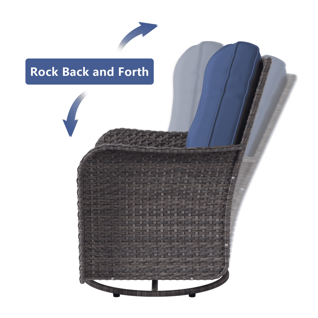3-Piece Rattan Rockers , Wicker Swivel Rocking Chair Set with Glass Top Coffee Table, 360° Rotation (Navy Blue)