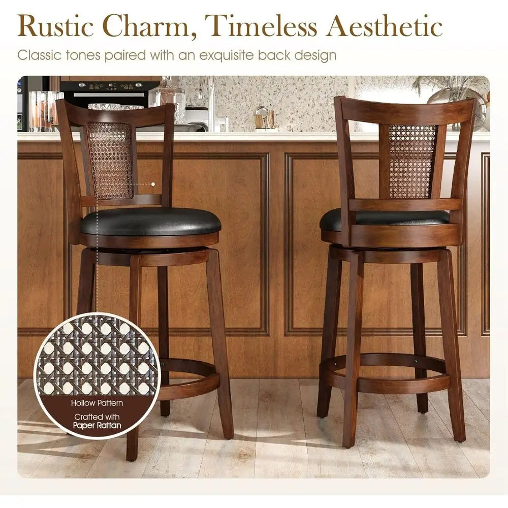 Set of 2, 26 High-Back Leatherette Counter Stools with Solid Wood Legs, Brown Kitchen Barstools