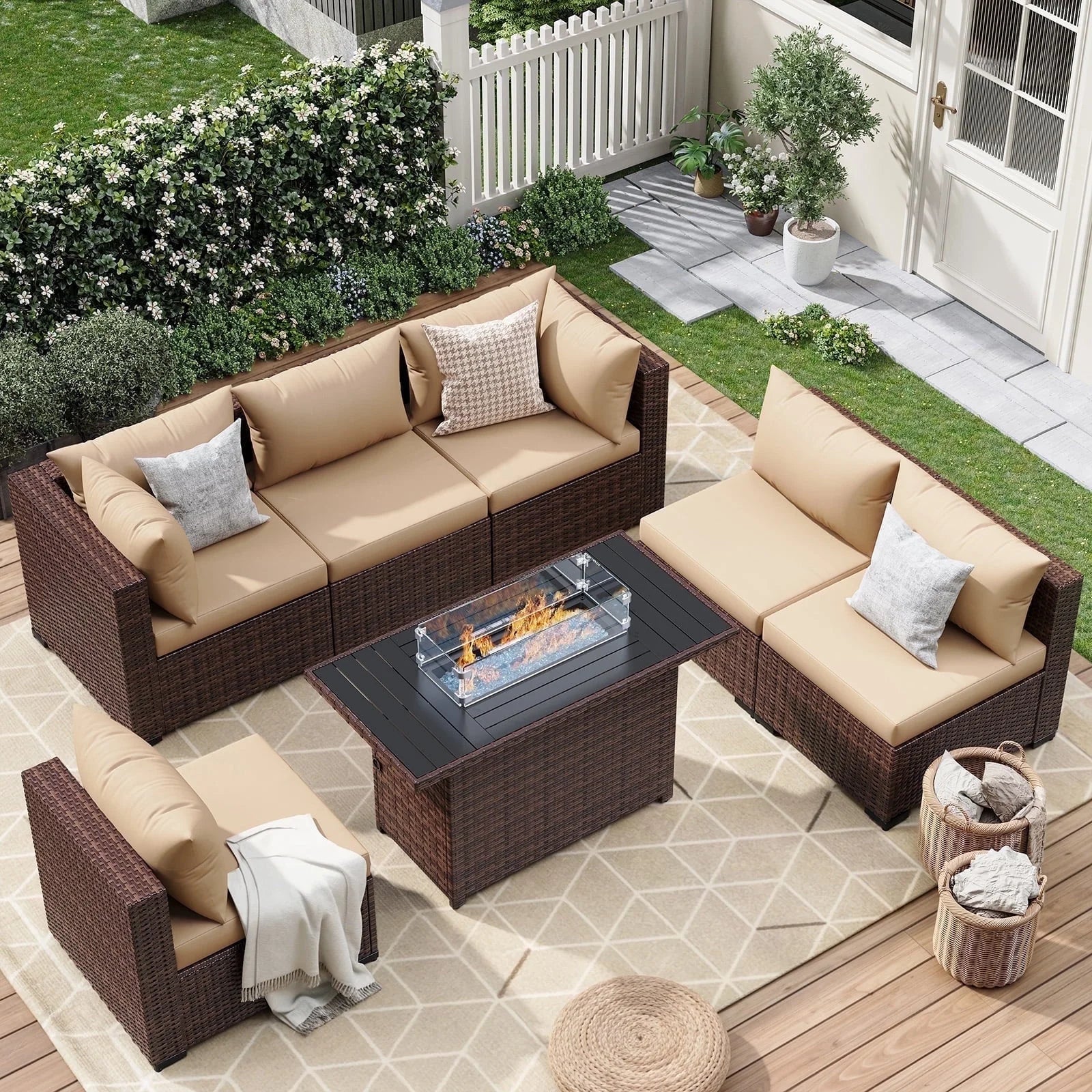 7 Pieces Patio Furniture Set All Weather Outdoor Sectional Sofa, Outdoor Modern Sectional Furniture Wicker Couch with Glass Coffee Table, Thicken Navy Blue Cushions, Water Resistant
