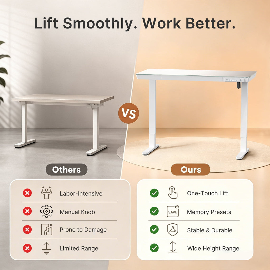 Glass Top Electric Standing Desk with Drawer, 48'' X 24'' Electric Height Adjustable Desk with USB Charging Ports, Sit Stand up for Home Office