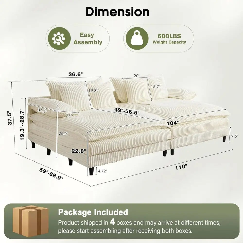 Oversized Double Chaise Lounge Sleeper Sofa with Adjustable Backrest – Beige Corduroy