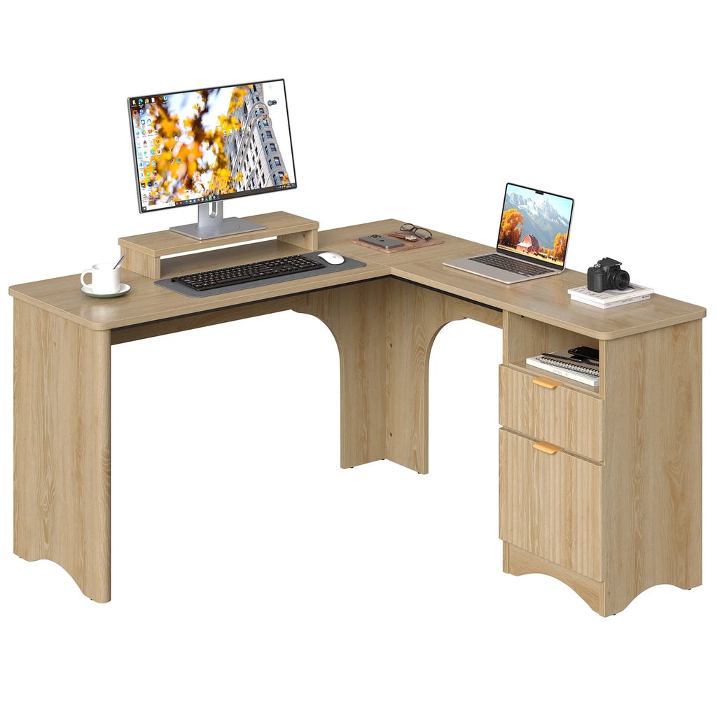 L Shaped Desk with Drawers, 55.7" X 55" Office Computer Desk with round Corners, Monitor Stand & Fluted Panels, Natural Oak