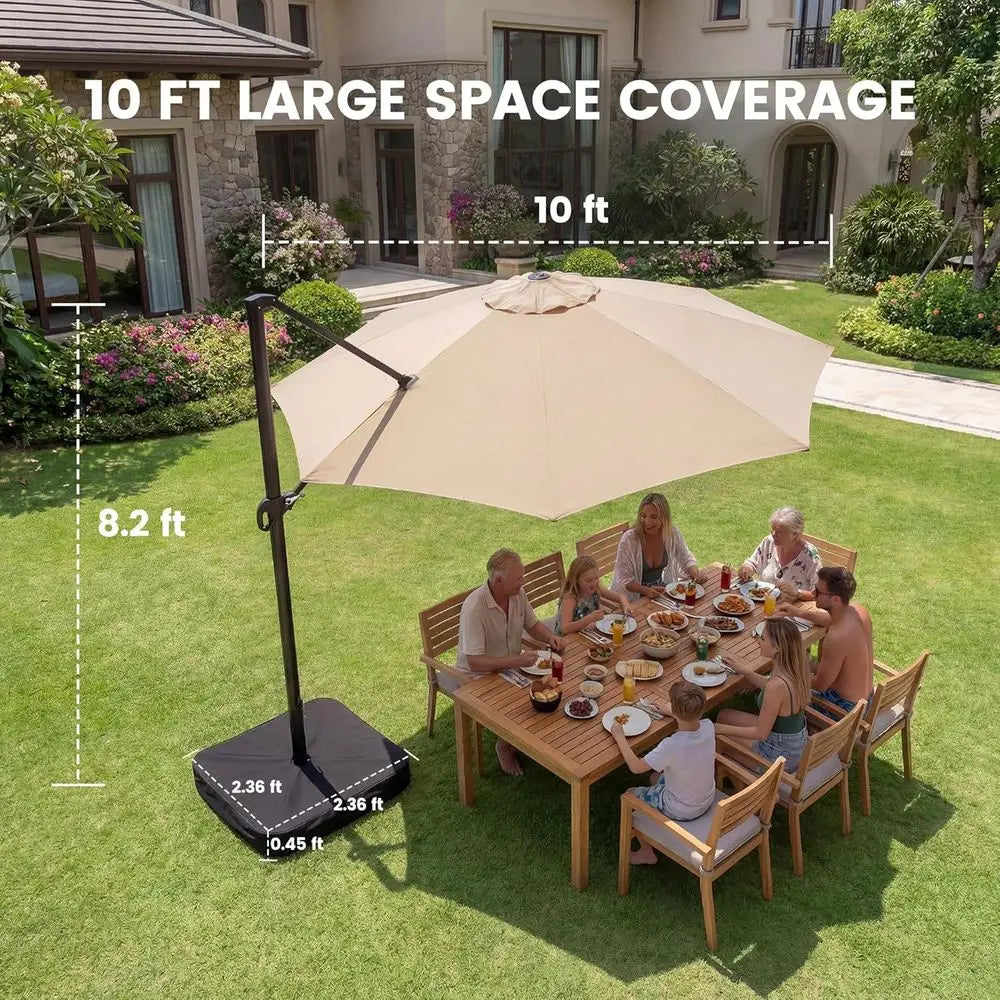 10Ft Large Cantilever Patio Umbrella with Base, 360° Rotation, Ideal for Outdoor Deck, Pool, Backyard, Garden, Champagne