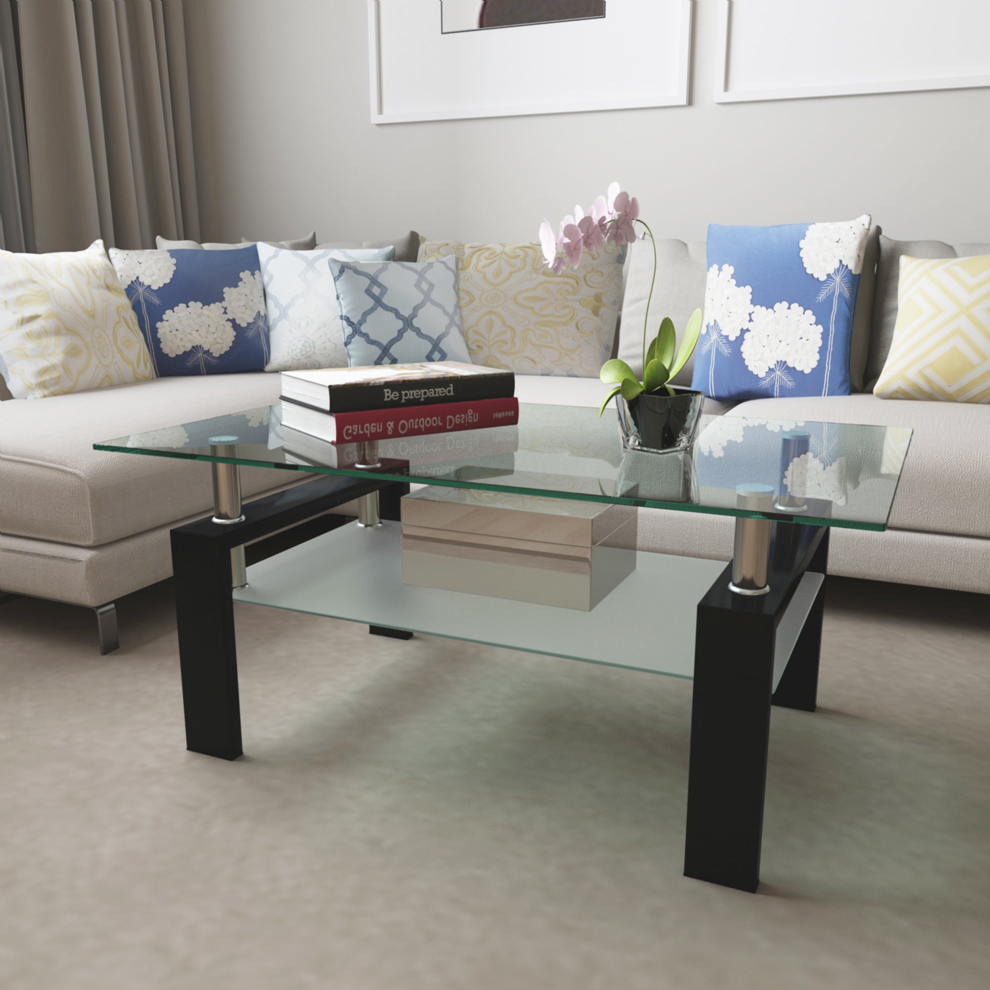 Rectangle Glass Coffee Table, Clear Coffee Table, Modern Side Center Tables for Living Room, Living Room Furniture