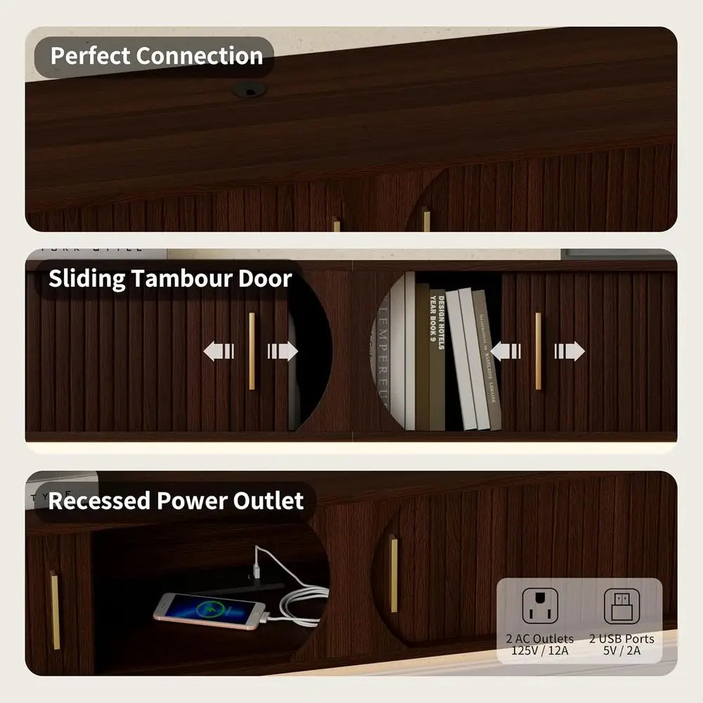 Floating TV Stand with Power Outlet & RGB LED Lights – 94.8" Walnut Entertainment Center