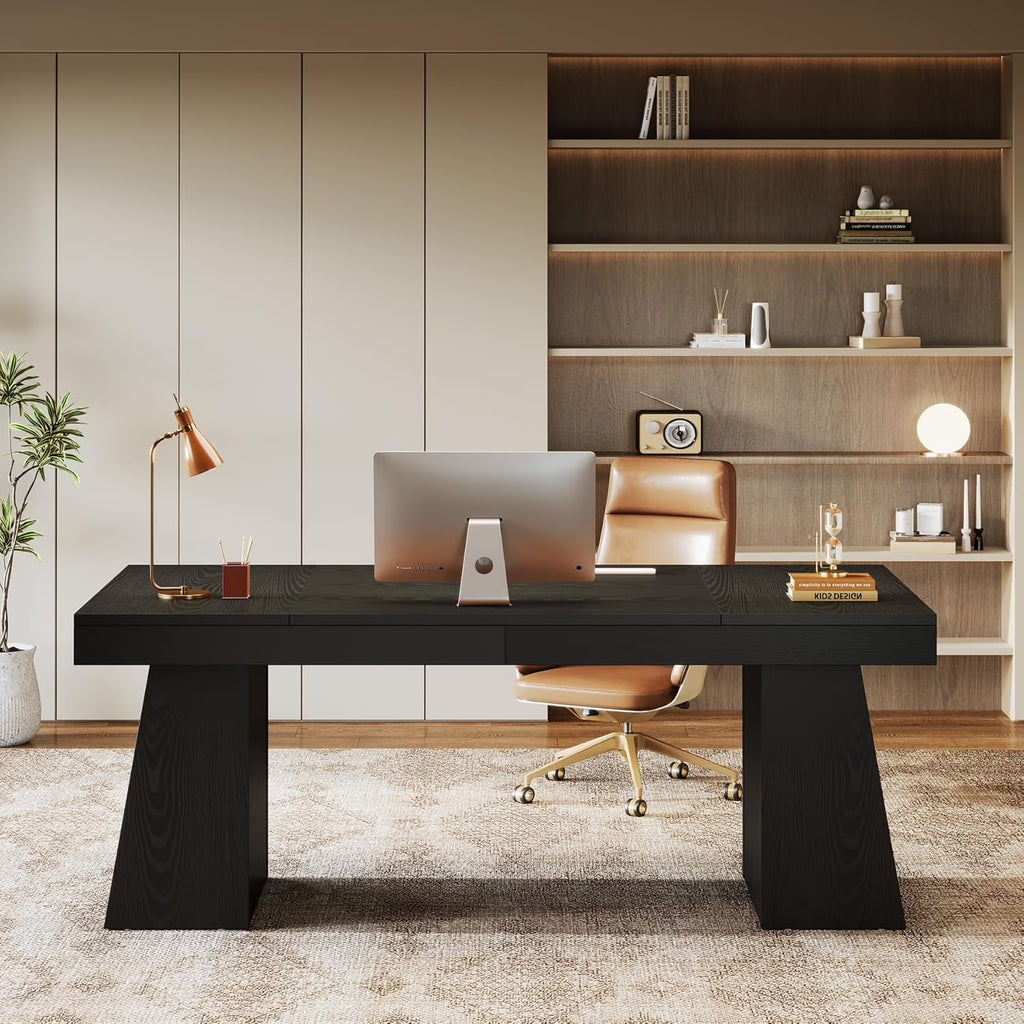 Large Wood Executive Desk, 55" Rectangle Office Desk with Double Pedestal, Modern Minimalist Computer Desk Workstations Conference Table Furniture for Home Office(Black)