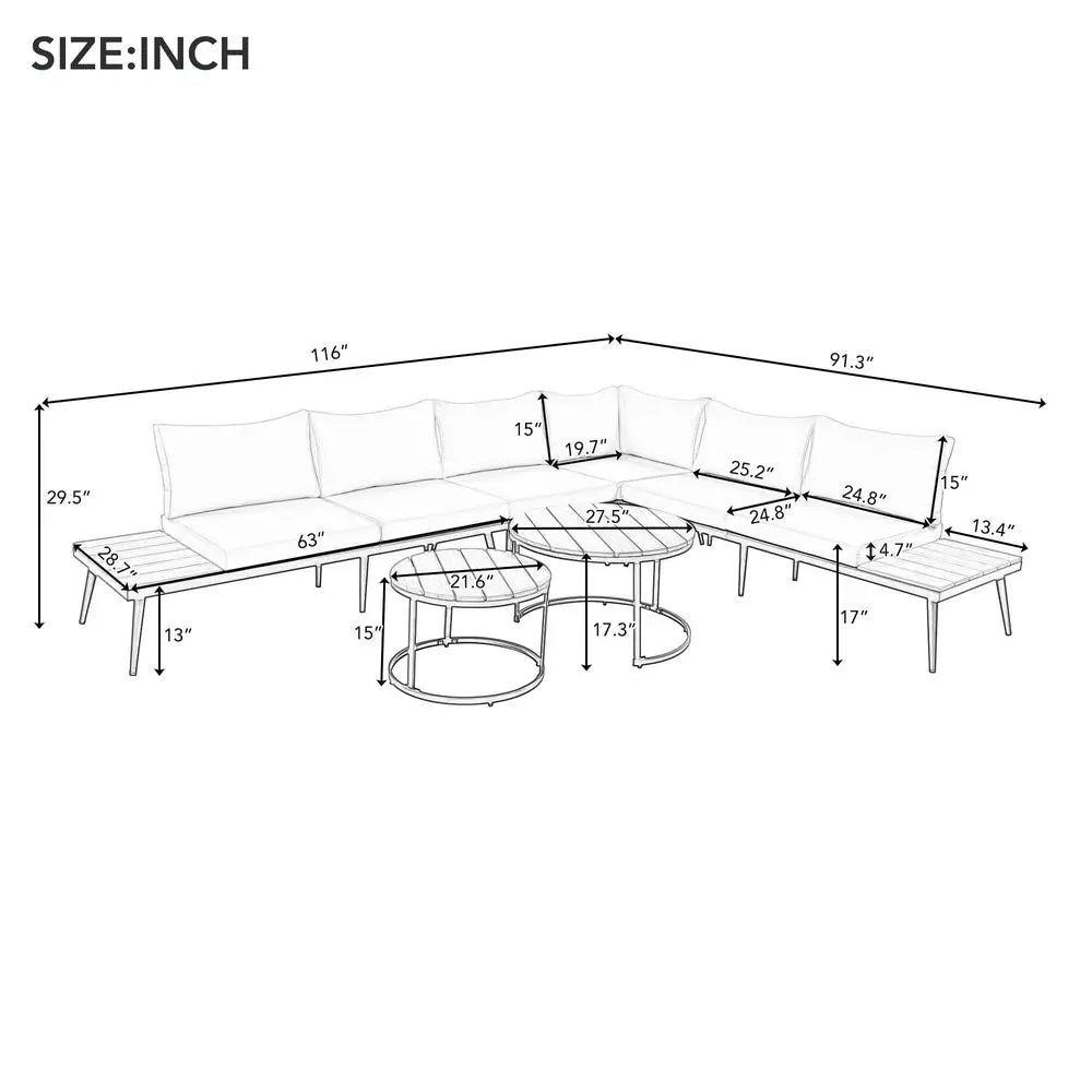 Outdoor Sectional Sofa Set with round Nesting Coffee Tables and Cushions,6Piece Patio Furniture Set for Porch,Garden,Poolside A