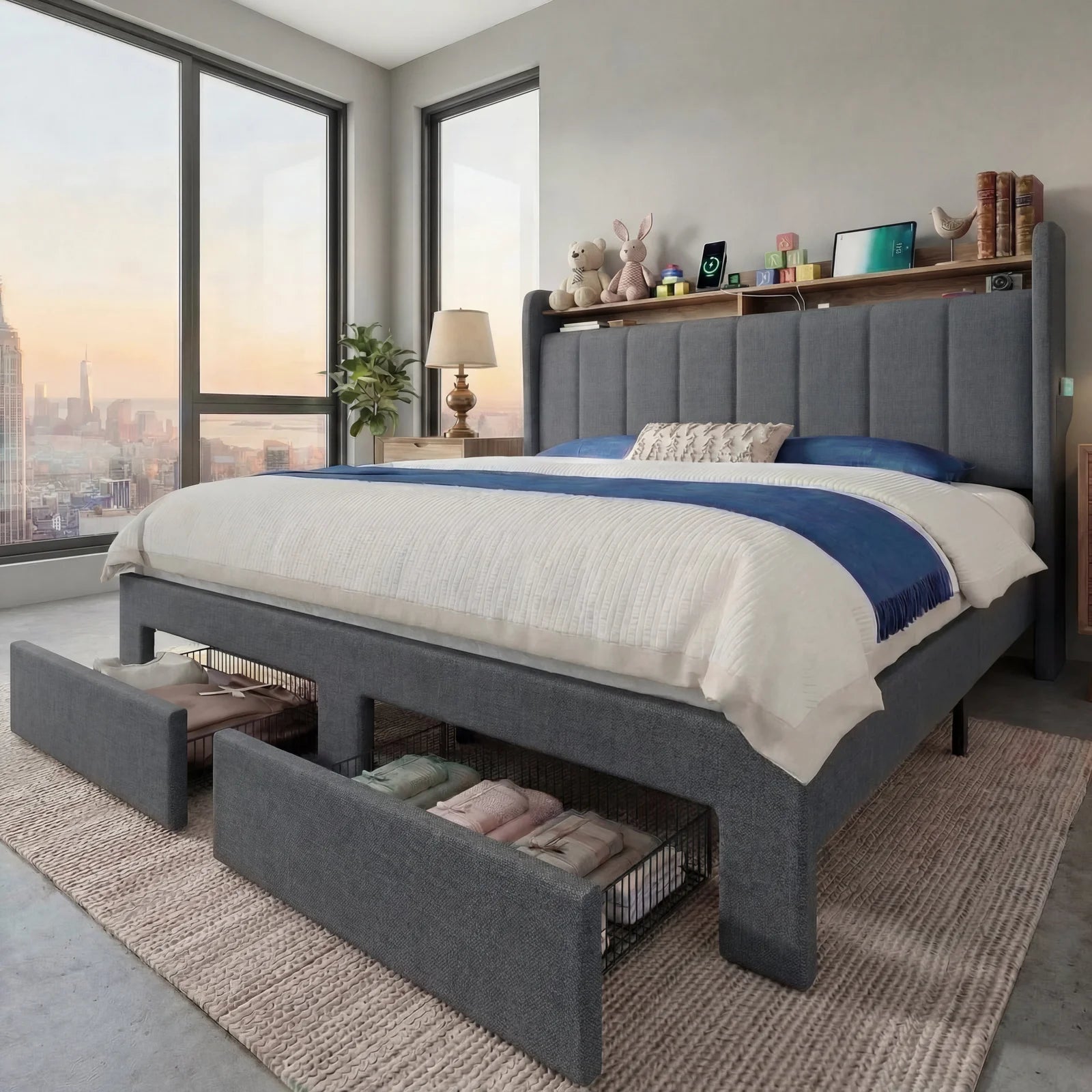 Bed Frame, 2 Storage Drawers/2-Tier Shelves with LED Lights & Charging Station, No Box Spring Need, Full/Queen/King