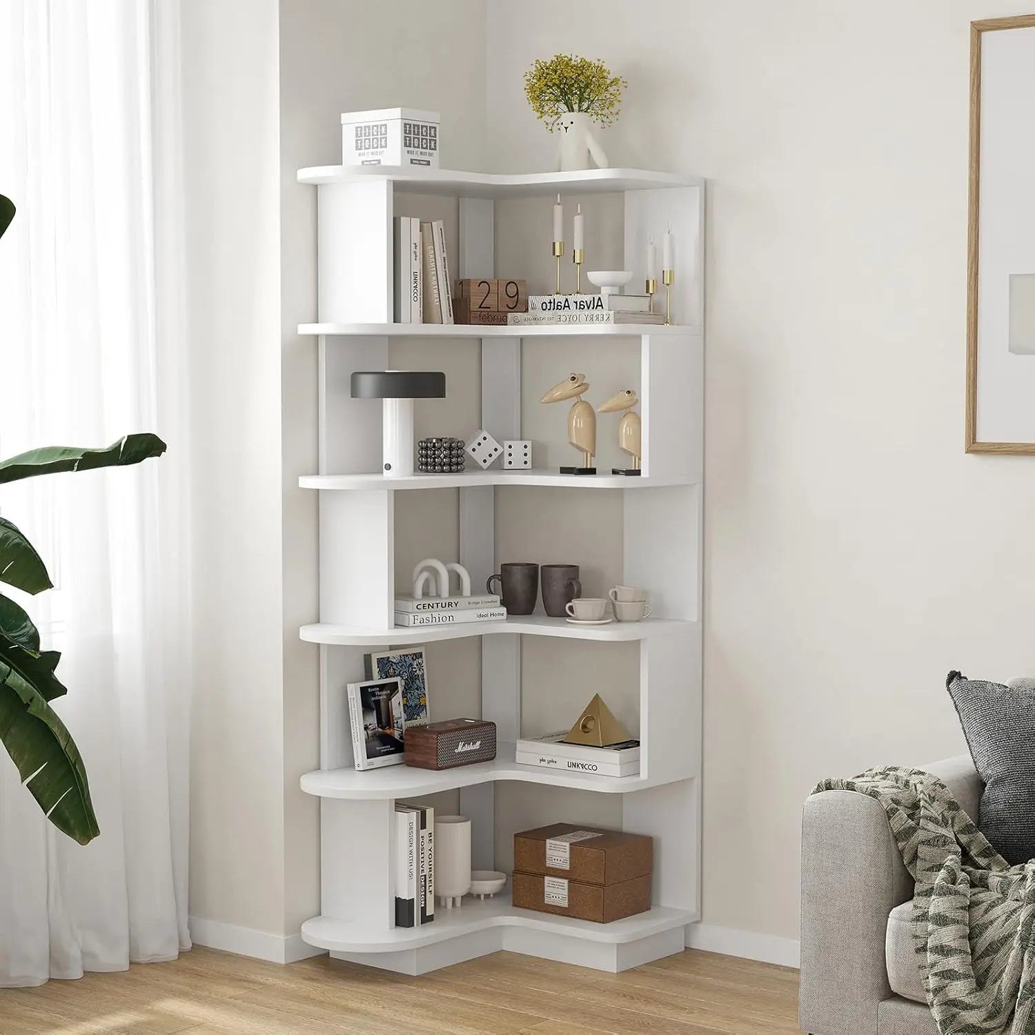 5-Tier Corner Bookshelf,L-Shaped Bookcase Freestanding Storage Shelf & Display Stand for Living Room, Office, Bedroom