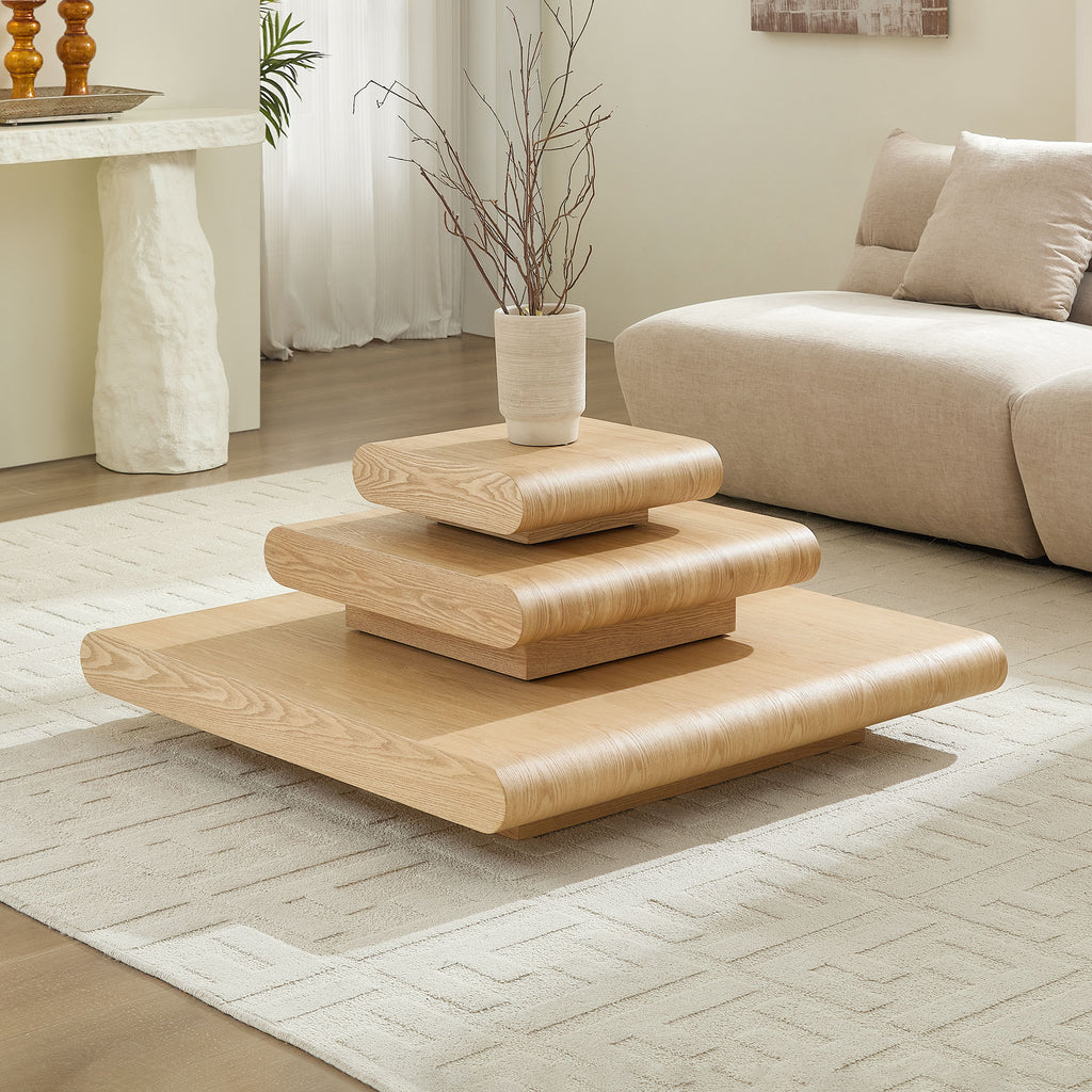 3-Piece Modular Stacking Coffee Table Natural Wood Look, Mordern MDF Table Front of the Sofa, 39.37 Inch Square Center Coffee Table for Living Room,No Assembly,Natural Color