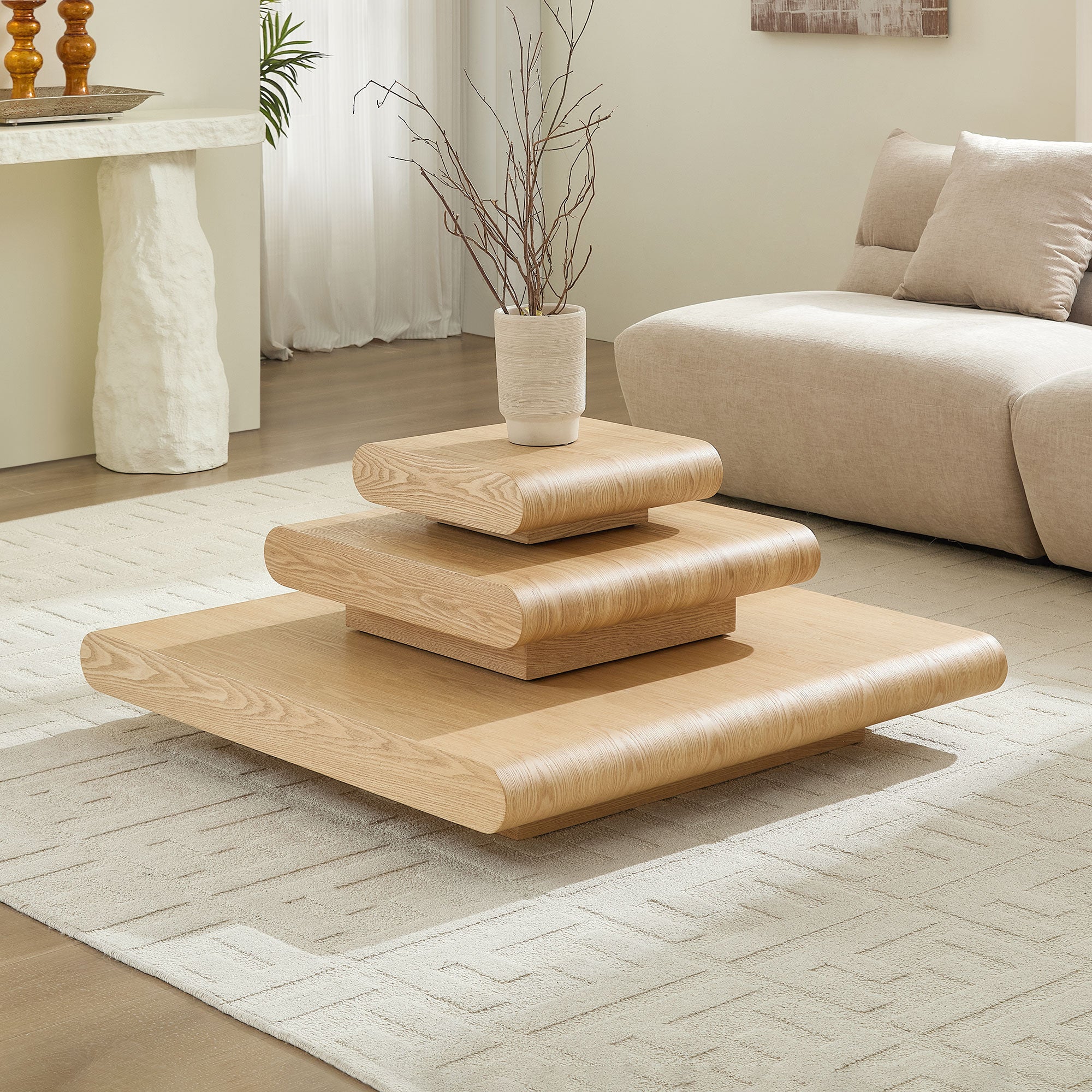 3-Piece Modular Stacking Coffee Table Natural Wood Look, Mordern MDF Table Front of the Sofa, 39.37 Inch Square Center Coffee Table for Living Room,No Assembly,Natural Color