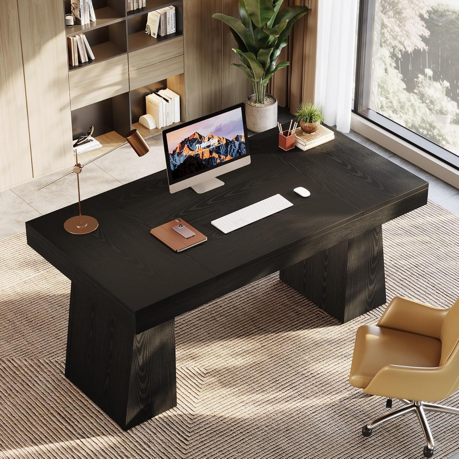 Large Wood Executive Desk, 55" Rectangle Office Desk with Double Pedestal, Modern Minimalist Computer Desk Workstations Conference Table Furniture for Home Office(Black)