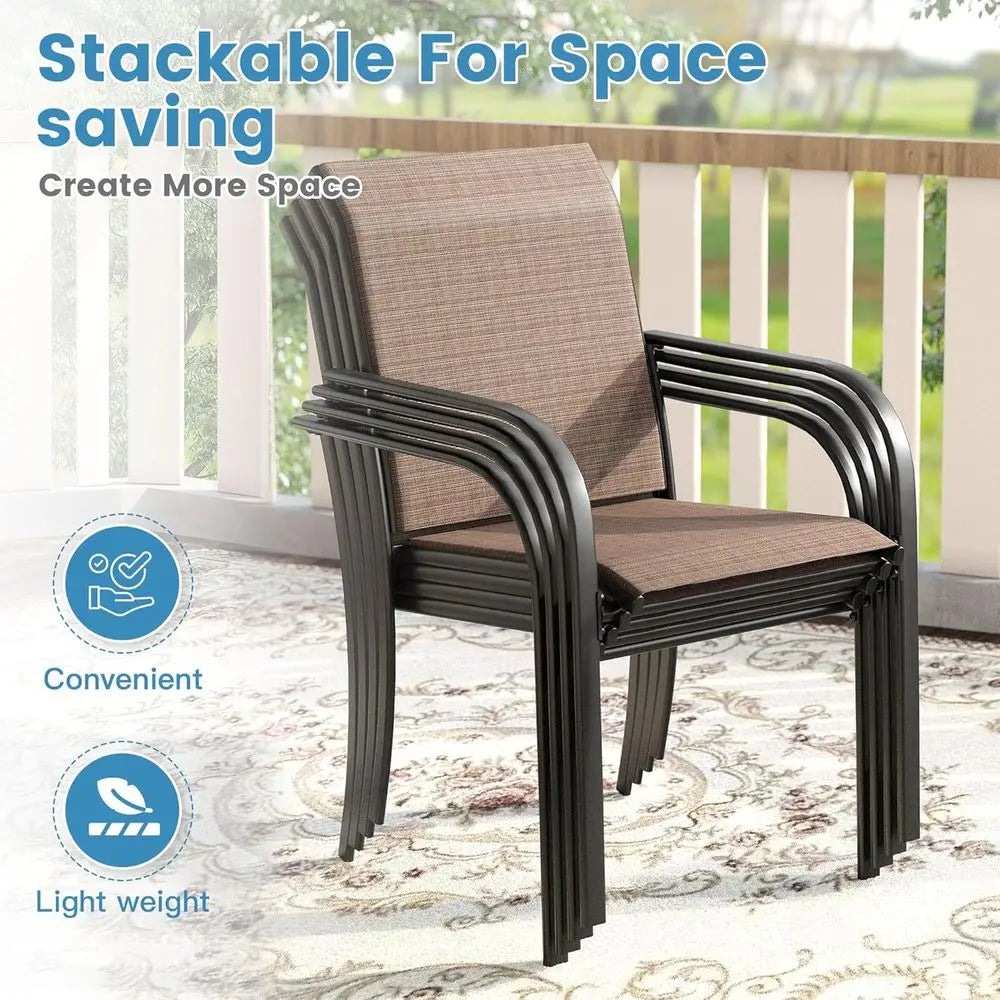 7-Piece Outdoor Patio Dining Set with 50" Round Metal Table & 6 Stackable Sling Chairs – Black & Brown