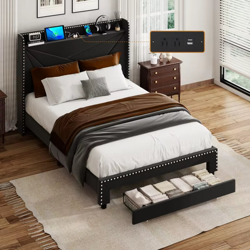 Modern Queen Size Tufted Headboard Platform Bed Frame with Wooden Storage Drawers – Soft Chenille Upholstered Bed