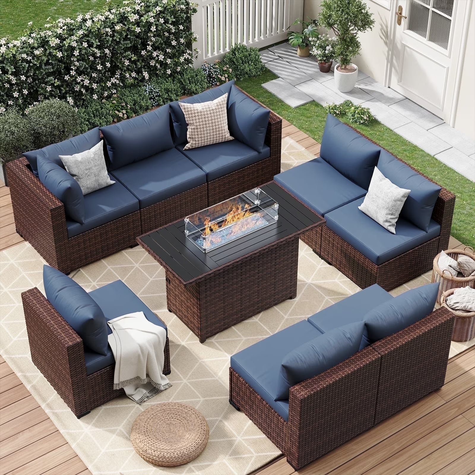 7 Pieces Patio Furniture Set All Weather Outdoor Sectional Sofa, Outdoor Modern Sectional Furniture Wicker Couch with Glass Coffee Table, Thicken Navy Blue Cushions, Water Resistant