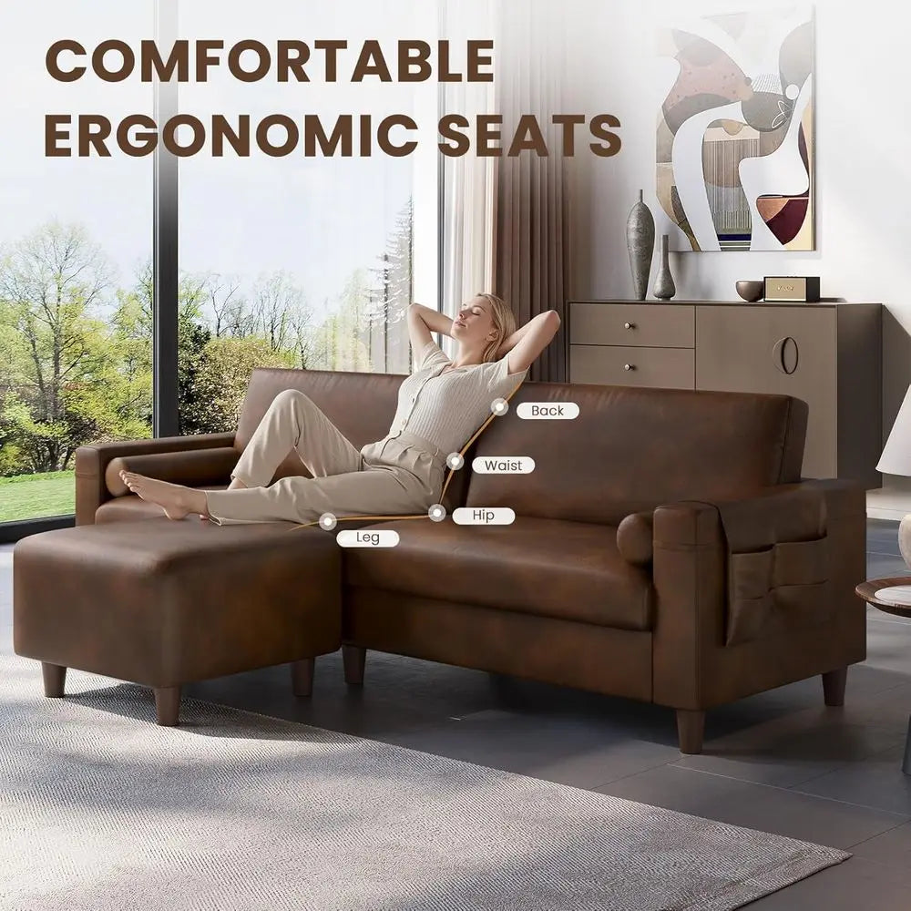2-Seater L-Shaped PU Leather Sectional Sofa with Ottoman – Caramel